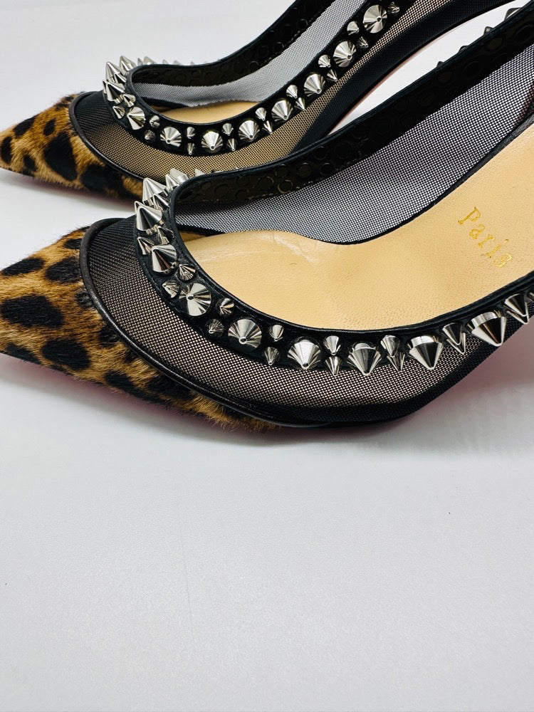 Christian Louboutin Black Mesh And Pony Hair Leopard Print Wth Spikes Kitten Heel Pump