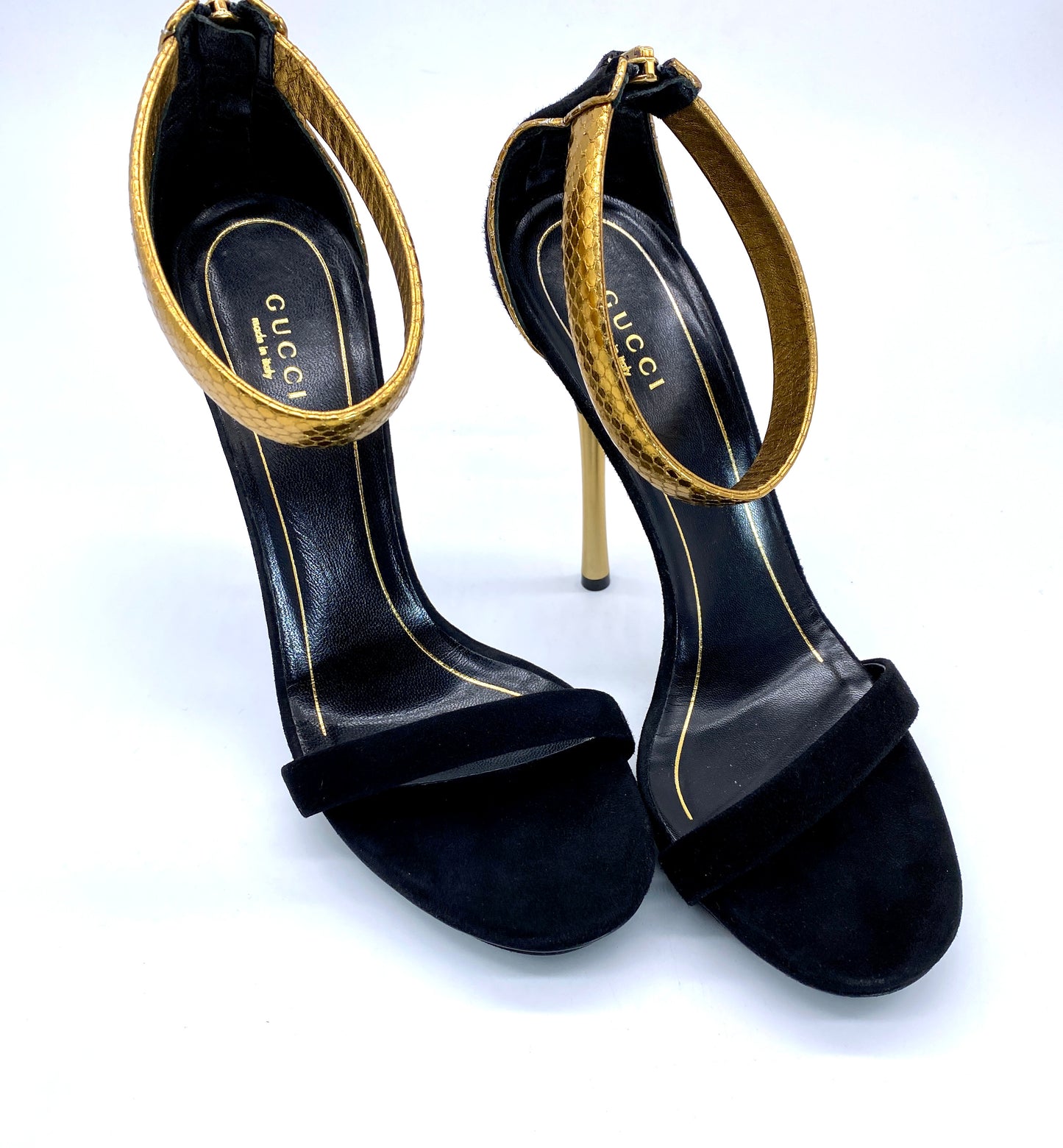 GUCCI Black Suede Leather & Gold Python Ankle Strap Heals | Size 38 1/2