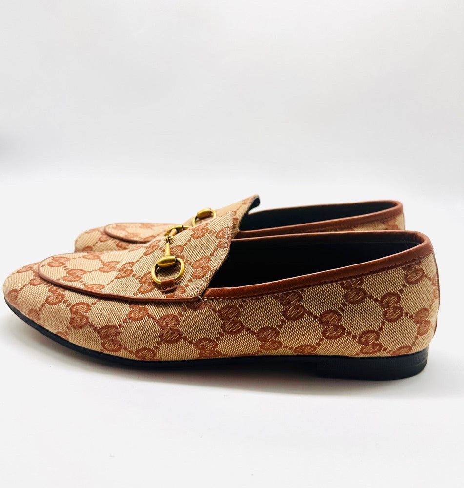 GUCCI Brown/Camel Canvas Logo Loafers 38