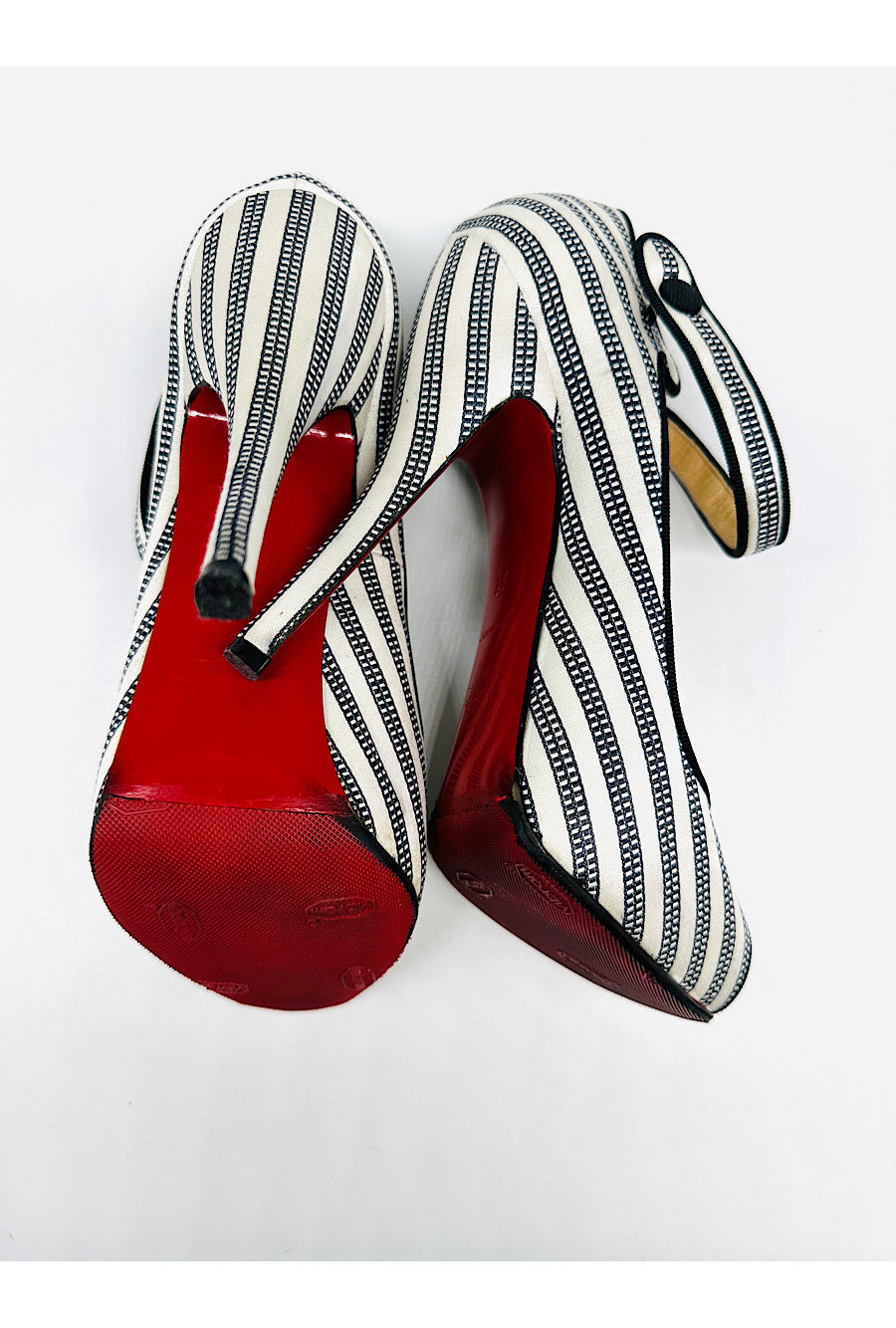 CHRISTIAN LOUBOUTIN Black White Stripe Mary Jane Peep Toe Pump