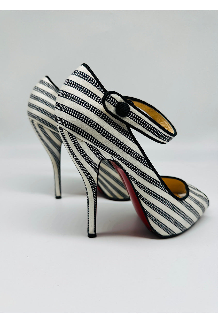 CHRISTIAN LOUBOUTIN Black White Stripe Mary Jane Peep Toe Pump