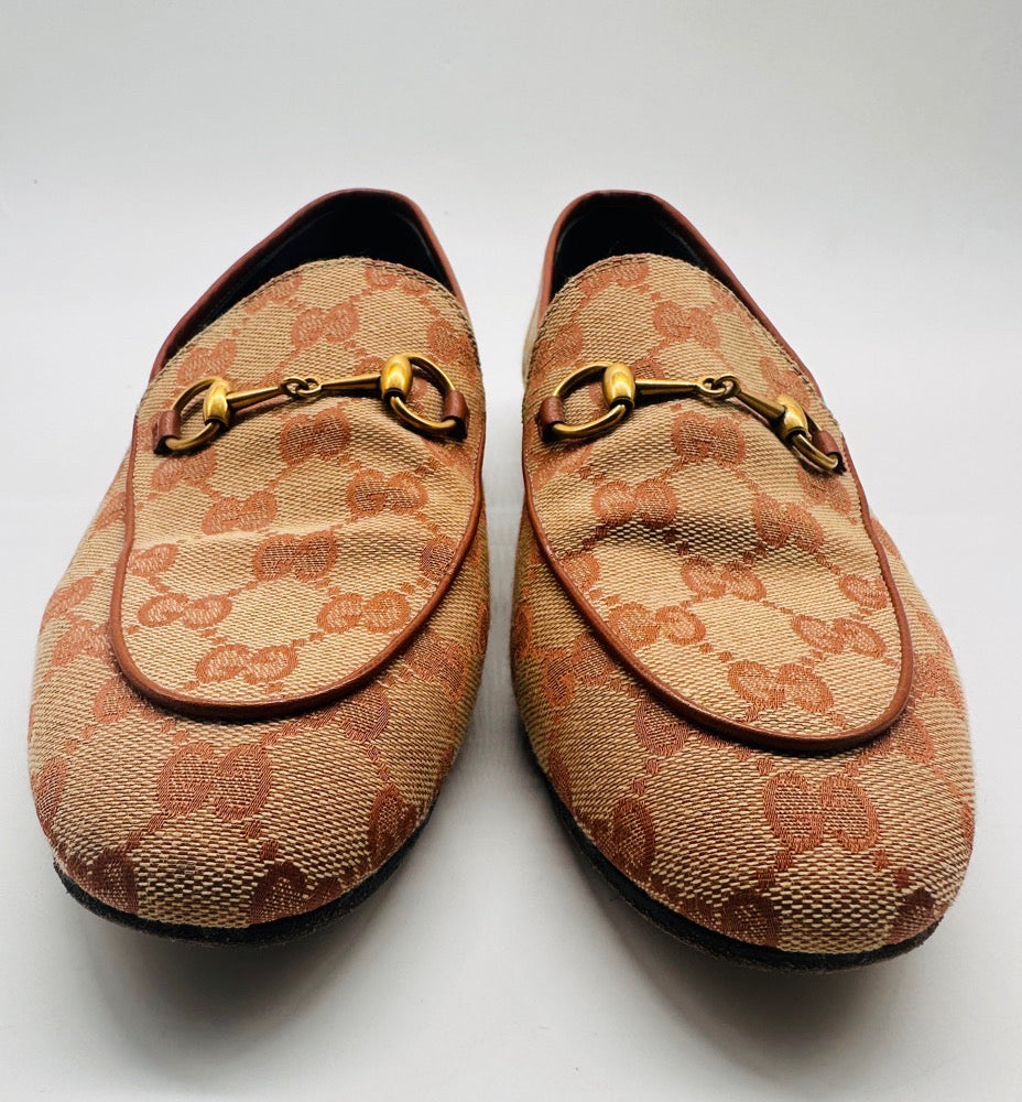 GUCCI Brown/Camel Canvas Logo Loafers 38