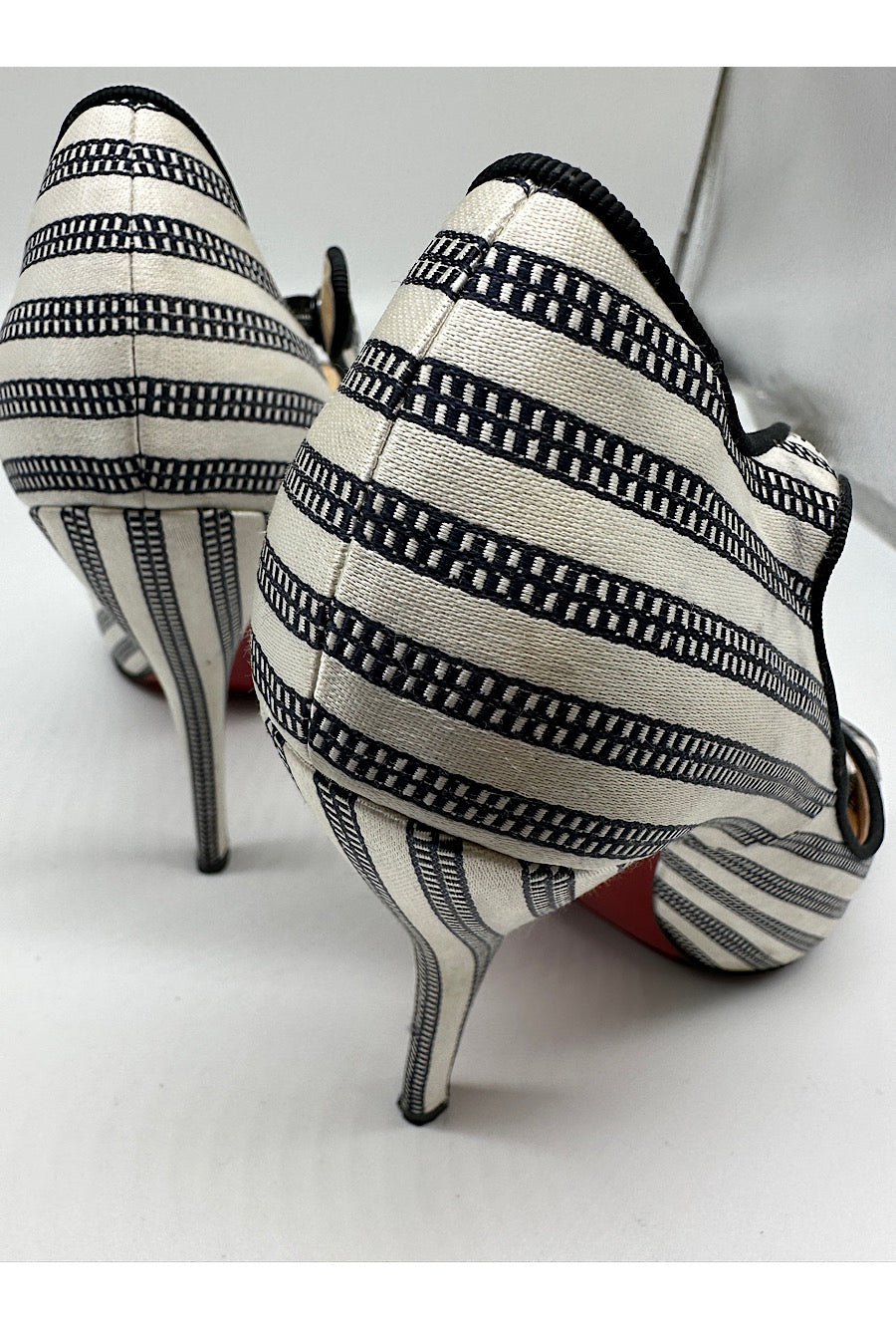 CHRISTIAN LOUBOUTIN Black White Stripe Mary Jane Peep Toe Pump