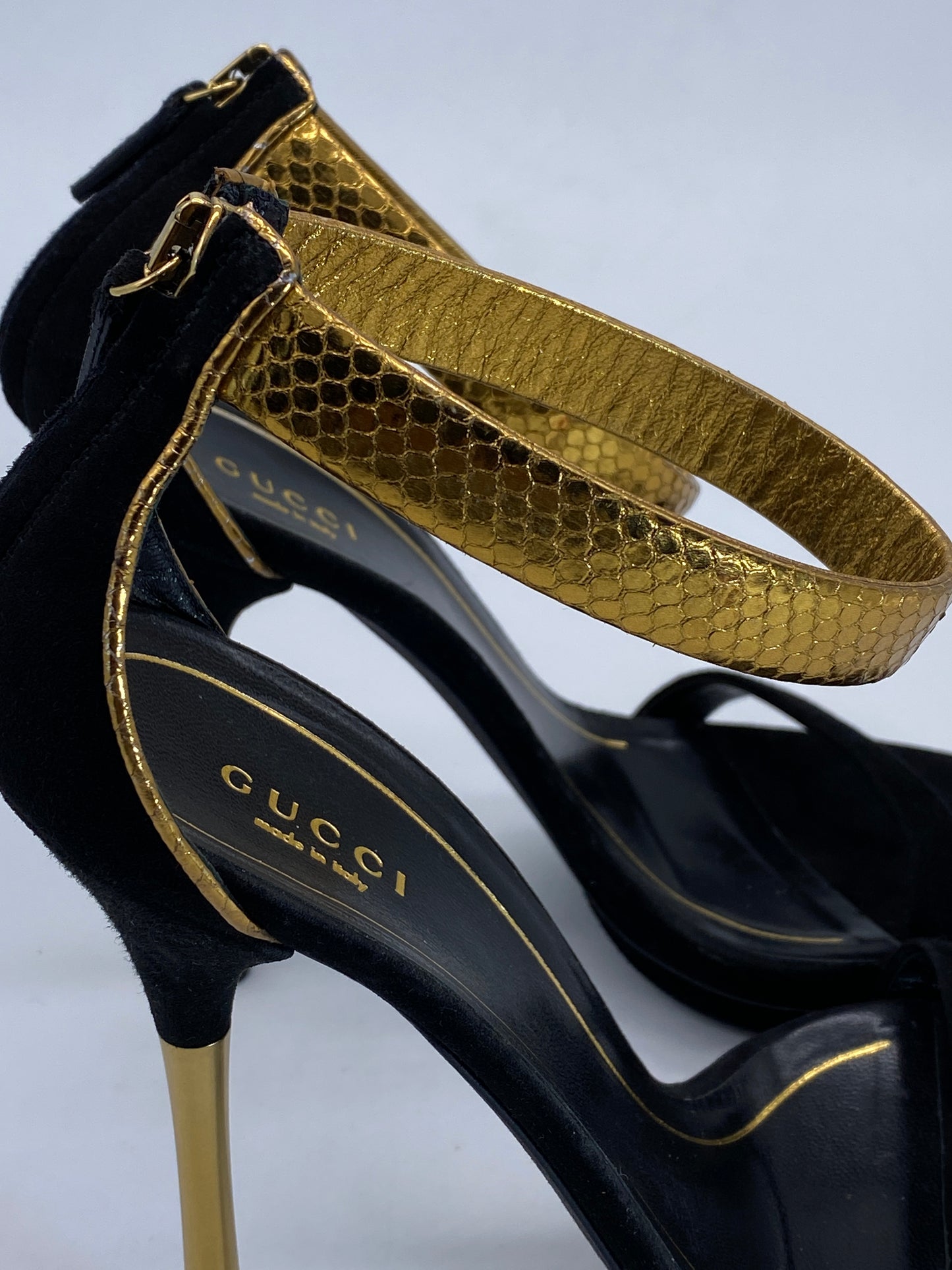 GUCCI Black Suede Leather & Gold Python Ankle Strap Heals | Size 38 1/2