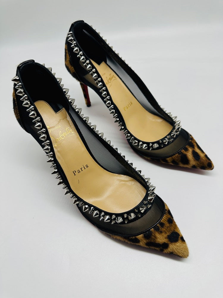 Christian Louboutin Black Mesh And Pony Hair Leopard Print Wth Spikes Kitten Heel Pump