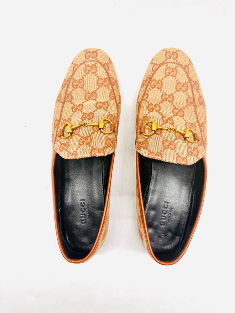 GUCCI Brown/Camel Canvas Logo Loafers 38