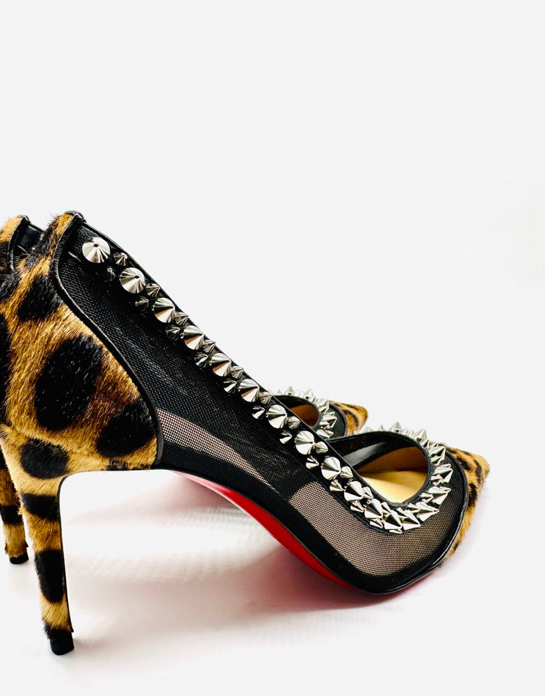 Christian Louboutin Black Mesh And Pony Hair Leopard Print Wth Spikes Kitten Heel Pump