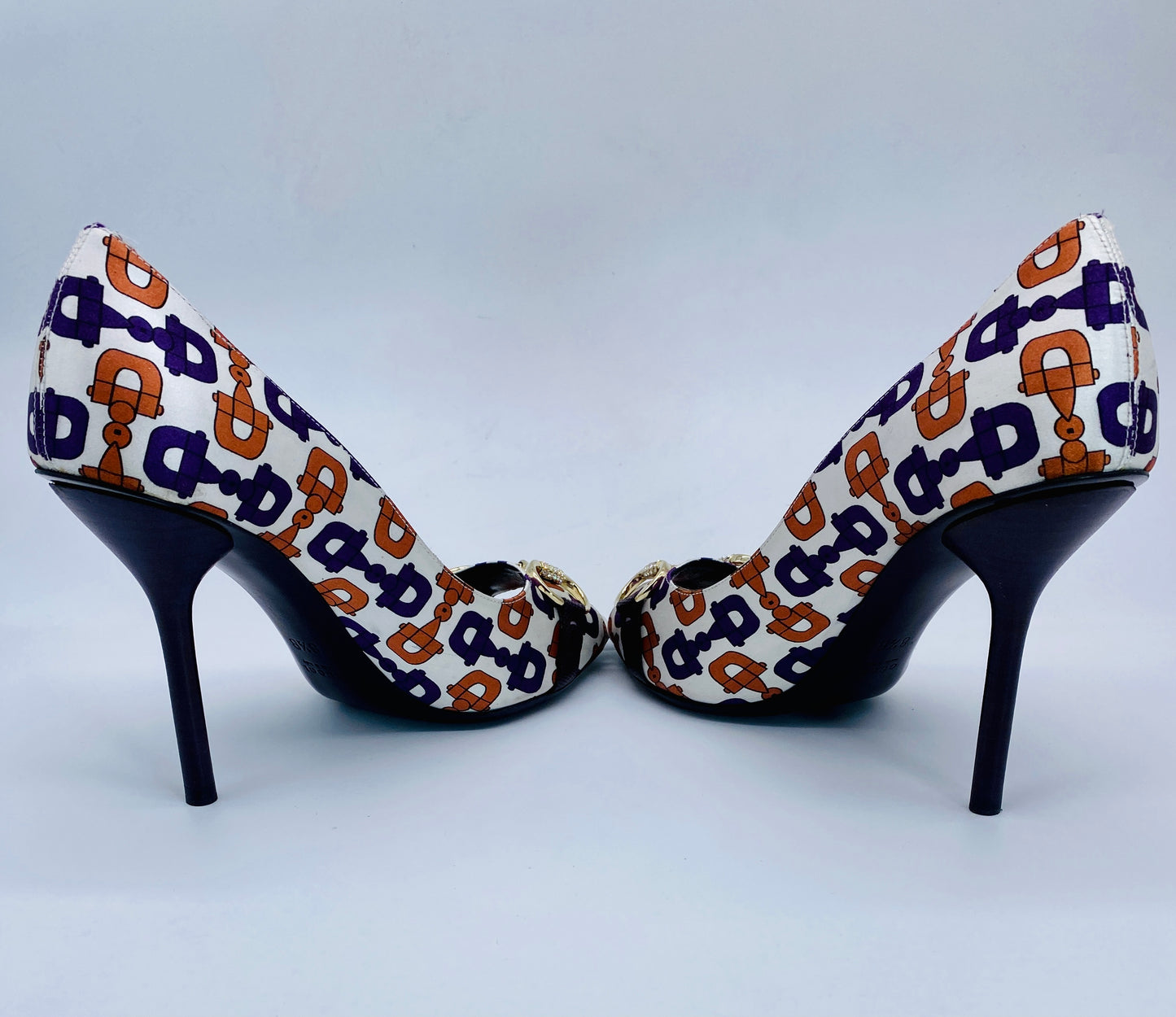 GUCCI Purple/Orange Satin Crystal Horsebit Pumps | Size 8 1/2B