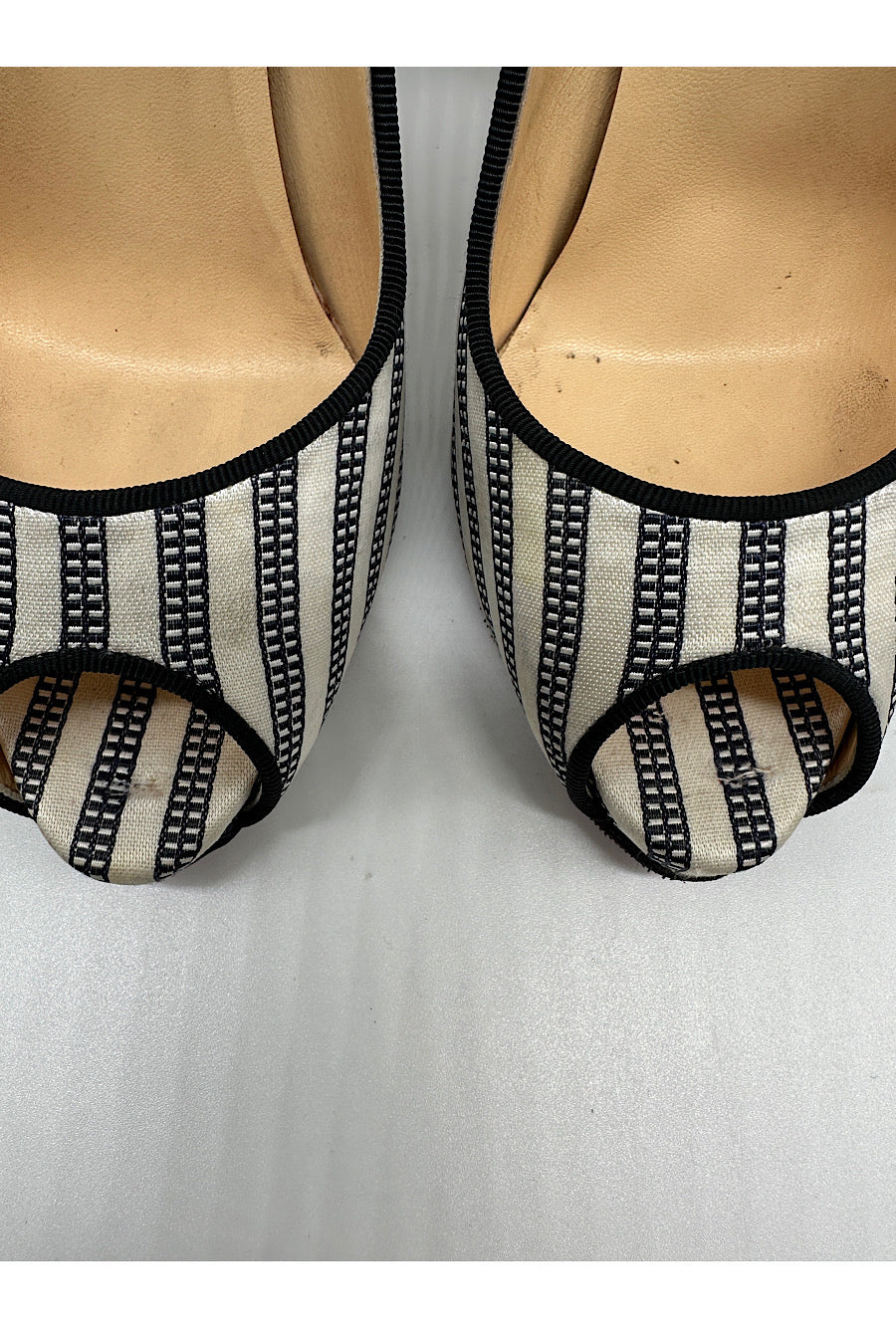 CHRISTIAN LOUBOUTIN Black White Stripe Mary Jane Peep Toe Pump