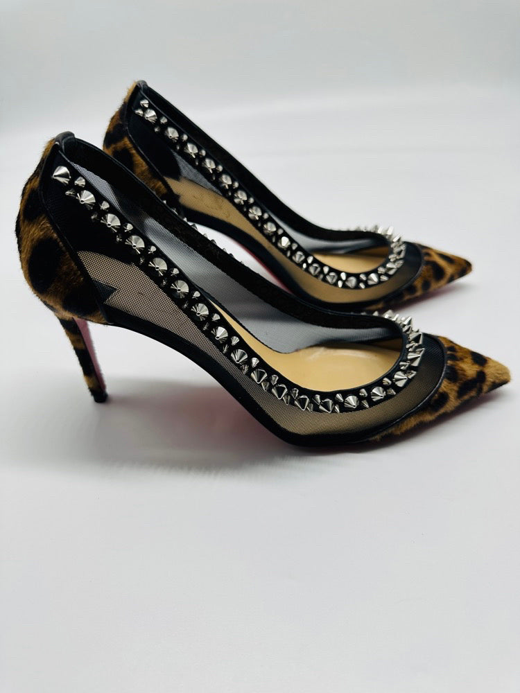 Christian Louboutin Black Mesh And Pony Hair Leopard Print Wth Spikes Kitten Heel Pump