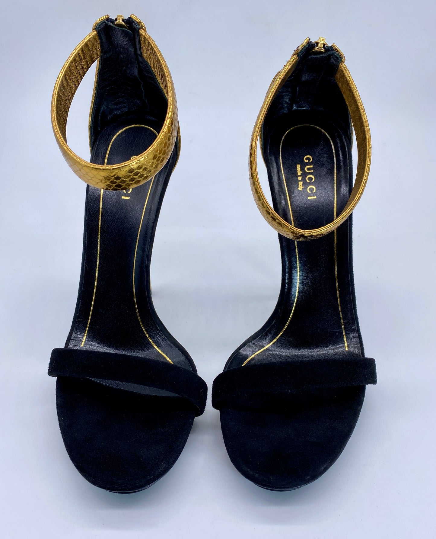 GUCCI Black Suede Leather & Gold Python Ankle Strap Heals | Size 38 1/2