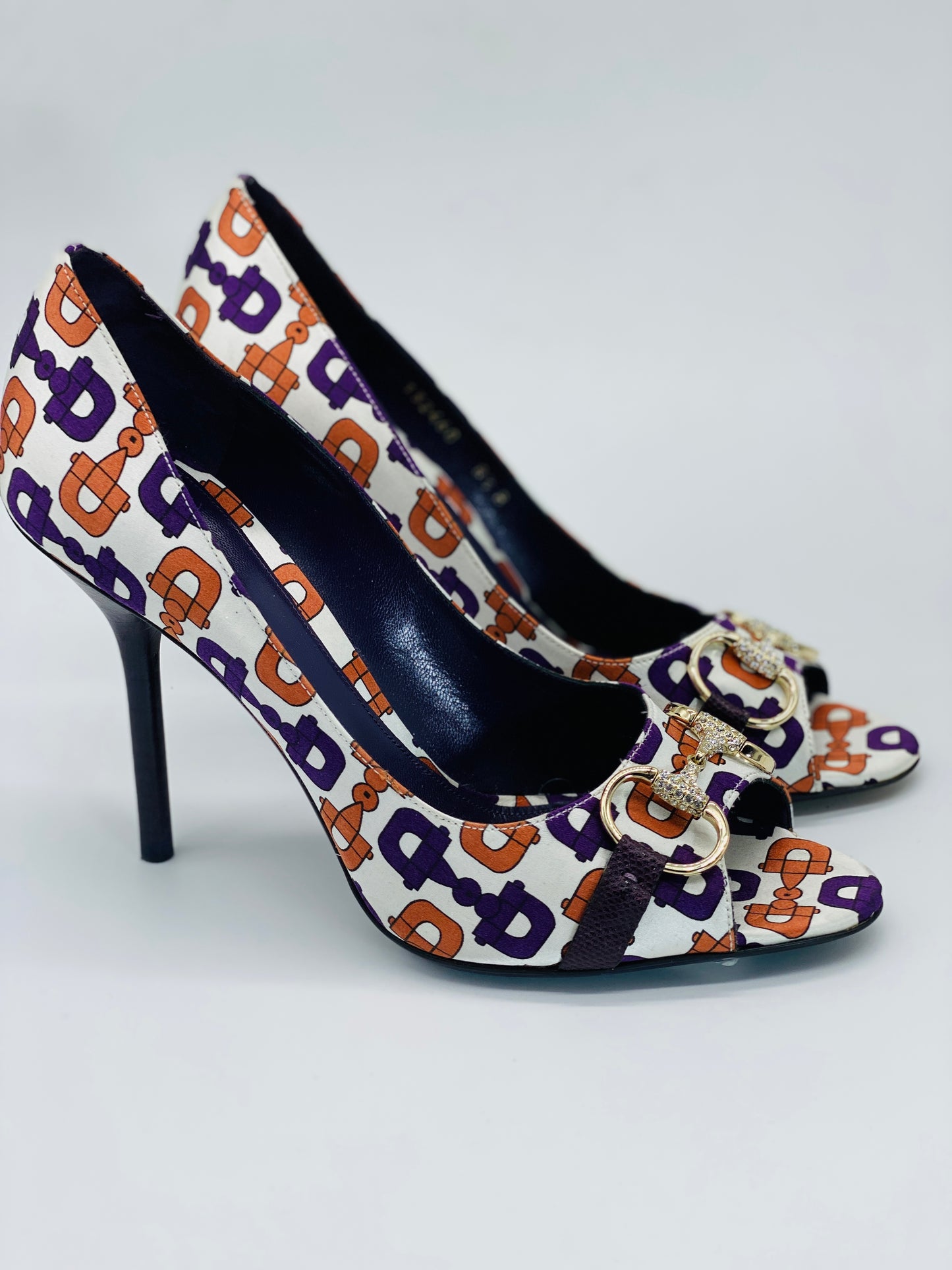 GUCCI Purple/Orange Satin Crystal Horsebit Pumps | Size 8 1/2B