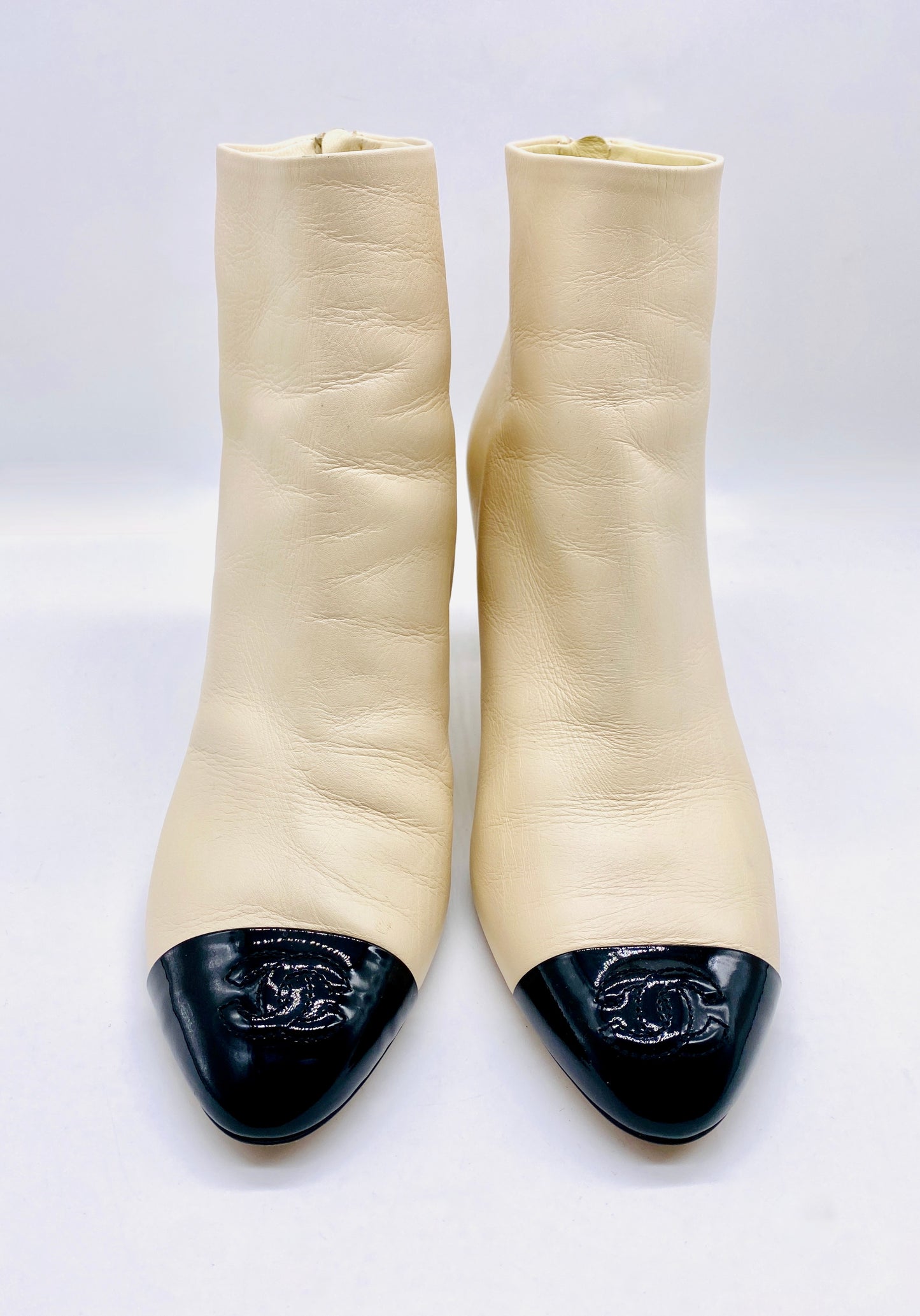 CHANEL Cream Leather Black Cap Toe Ankle Bootie Size 38.5