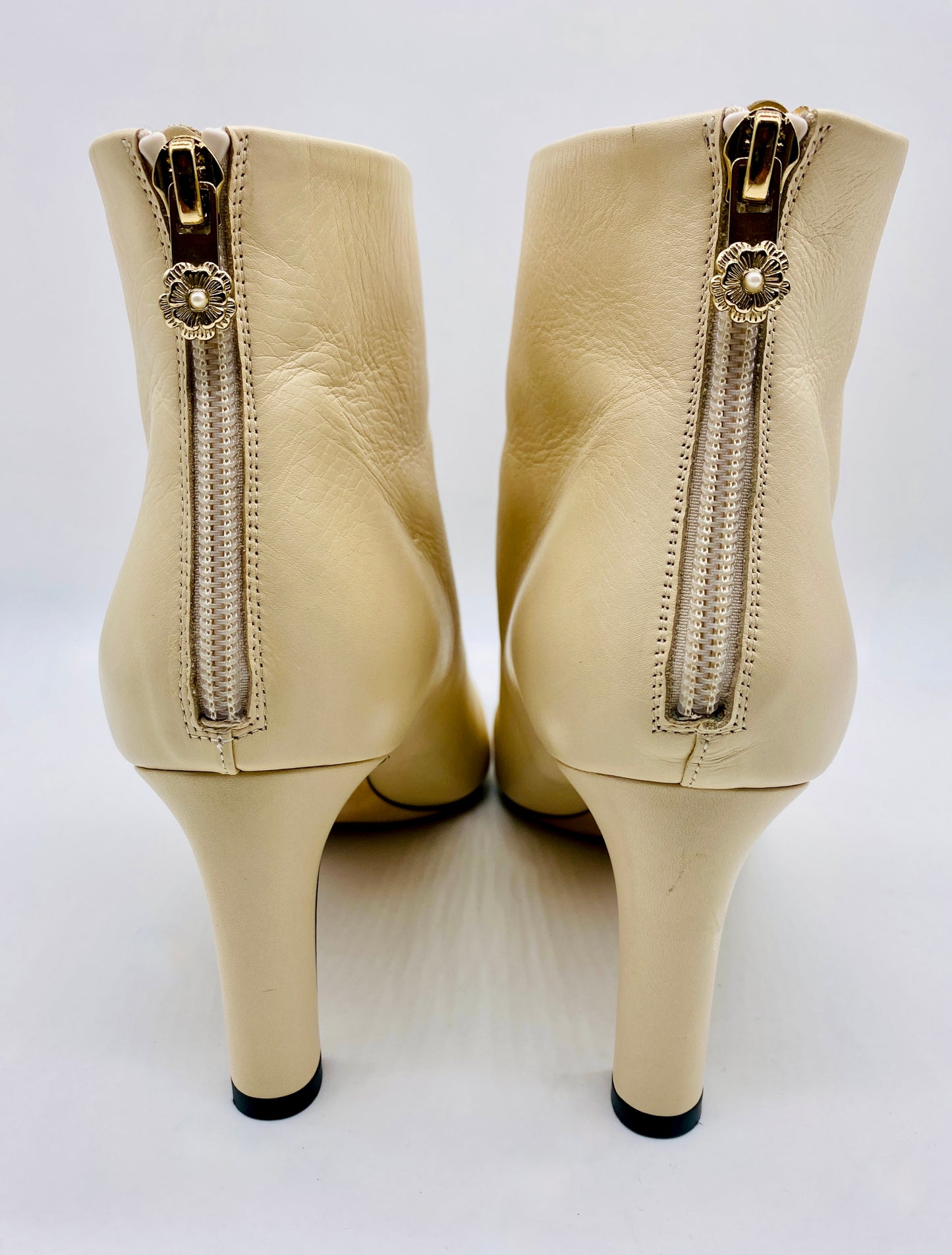 CHANEL Cream Leather Black Cap Toe Ankle Bootie Size 38.5