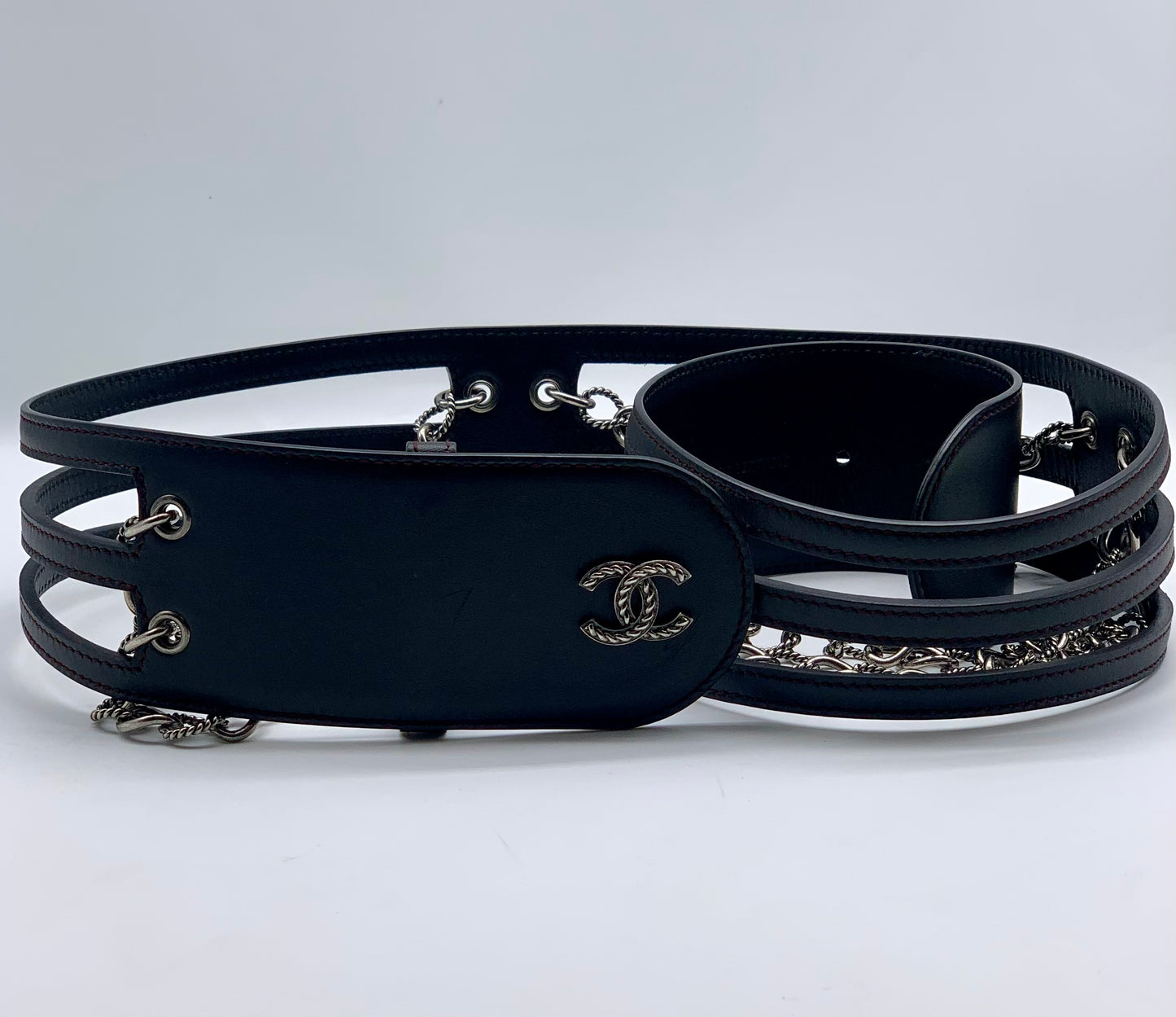 CHANEL Back Chain Leather Wide Belt Size 85/34