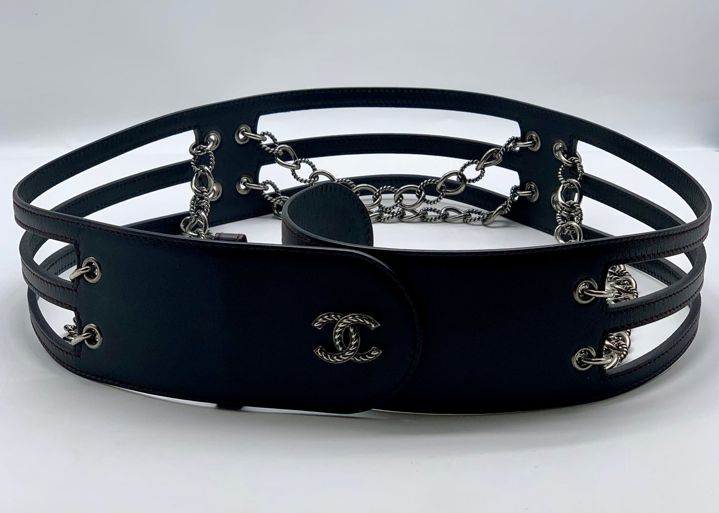 CHANEL Back Chain Leather Wide Belt Size 85/34