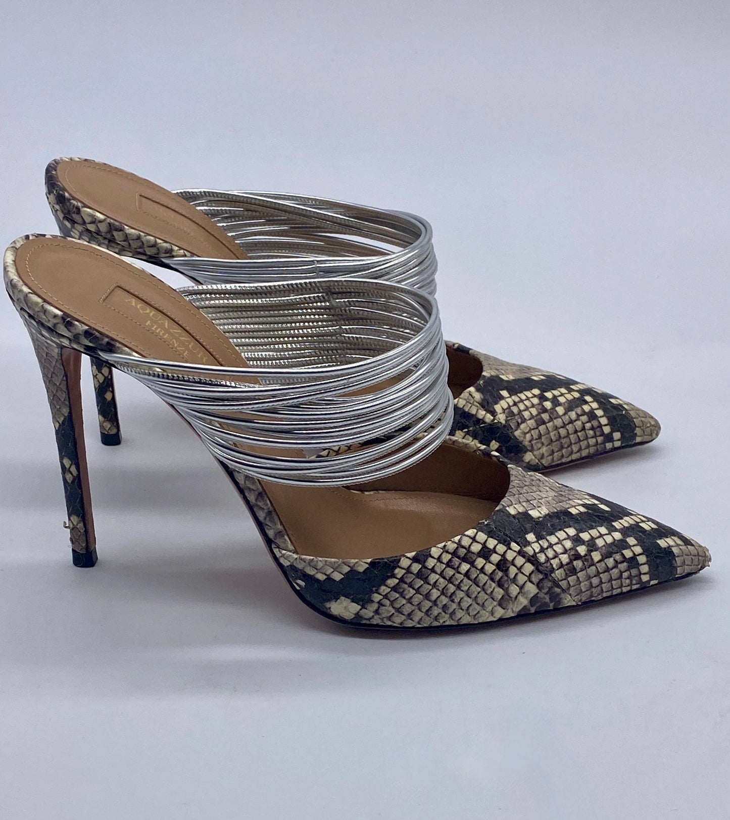 AQUAZZURA RENDEZ VOUS Snakeskin Silver Mule Pump  SIZE 7 1/2