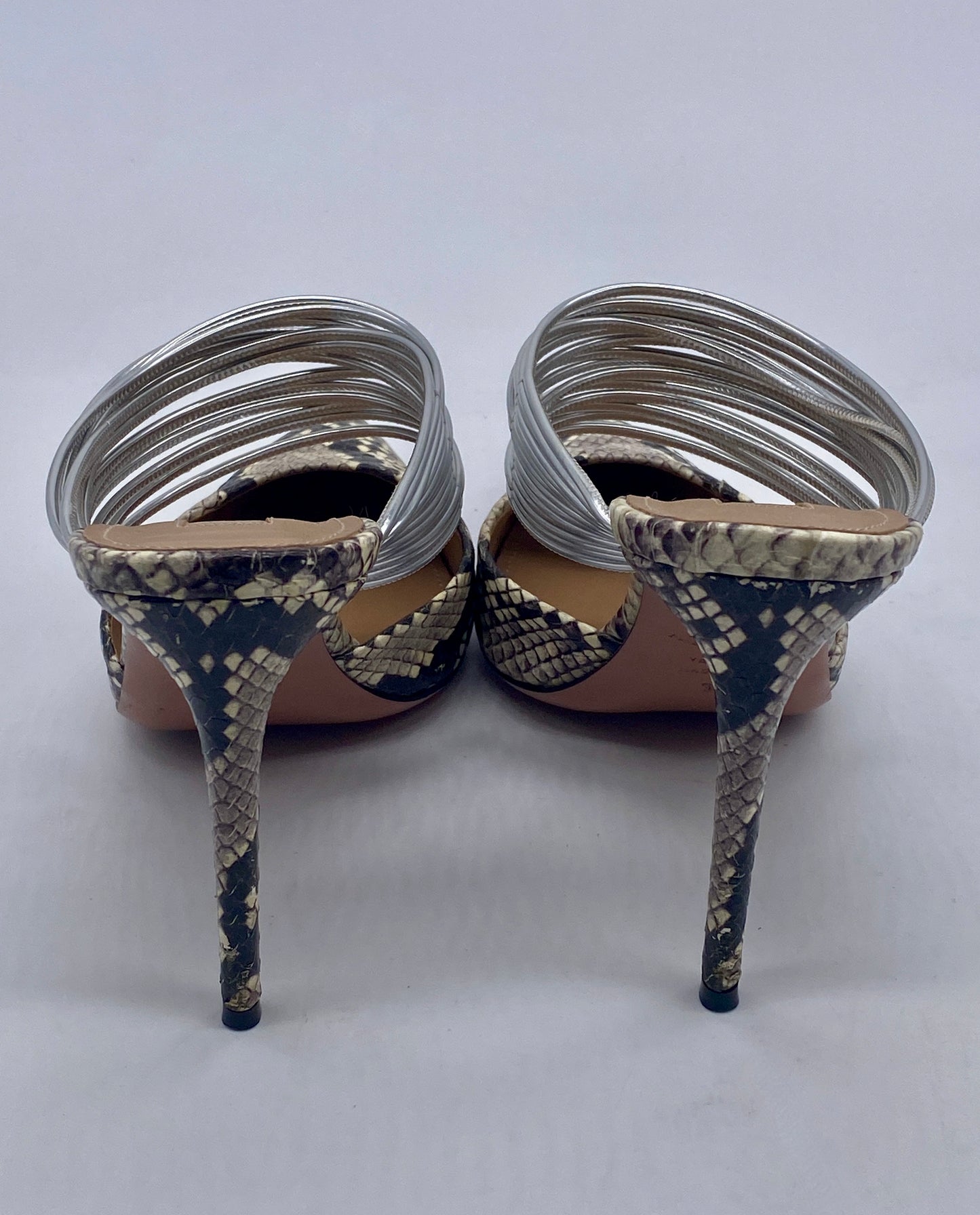 AQUAZZURA RENDEZ VOUS Snakeskin Silver Mule Pump  SIZE 7 1/2