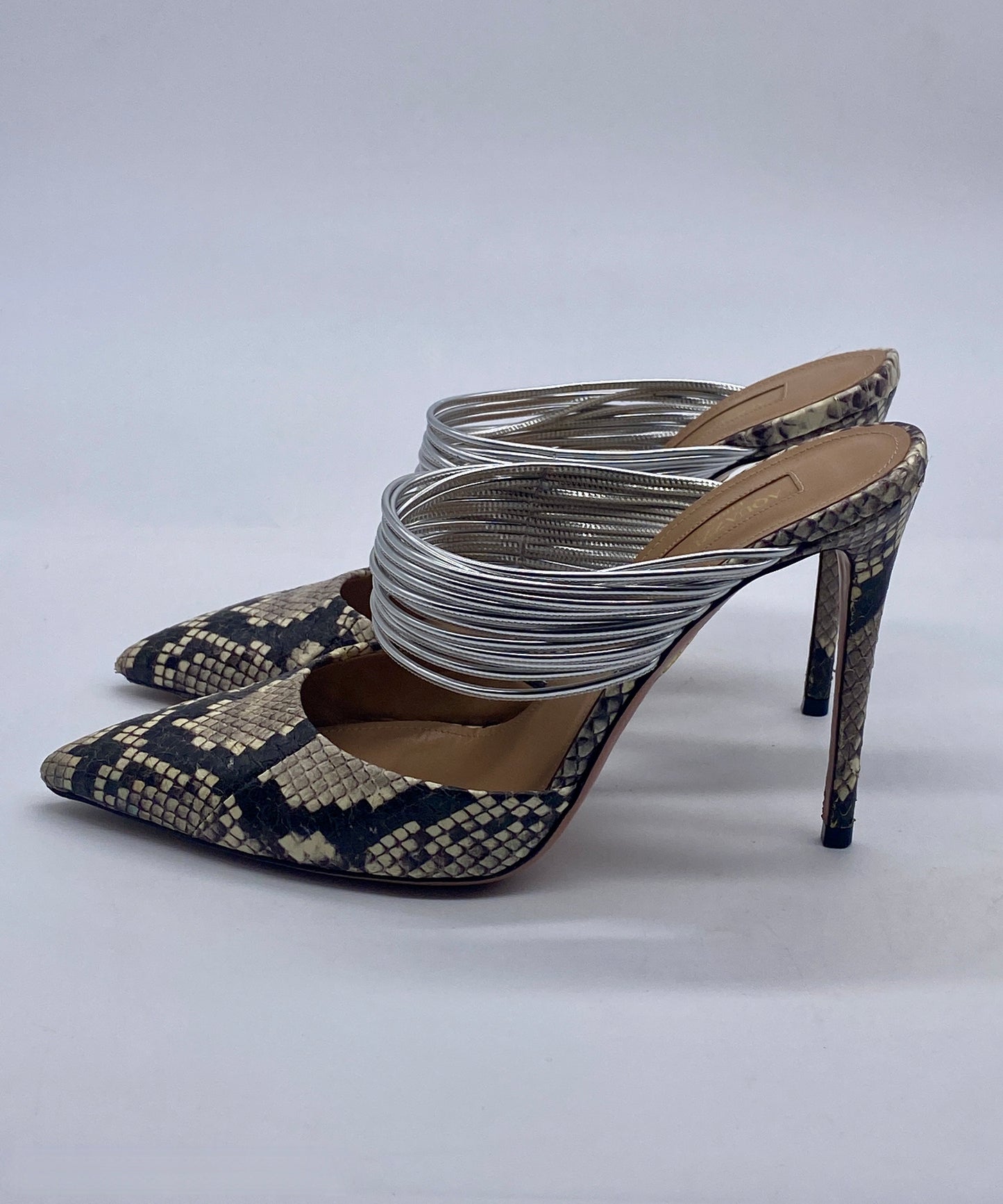 AQUAZZURA RENDEZ VOUS Snakeskin Silver Mule Pump  SIZE 7 1/2