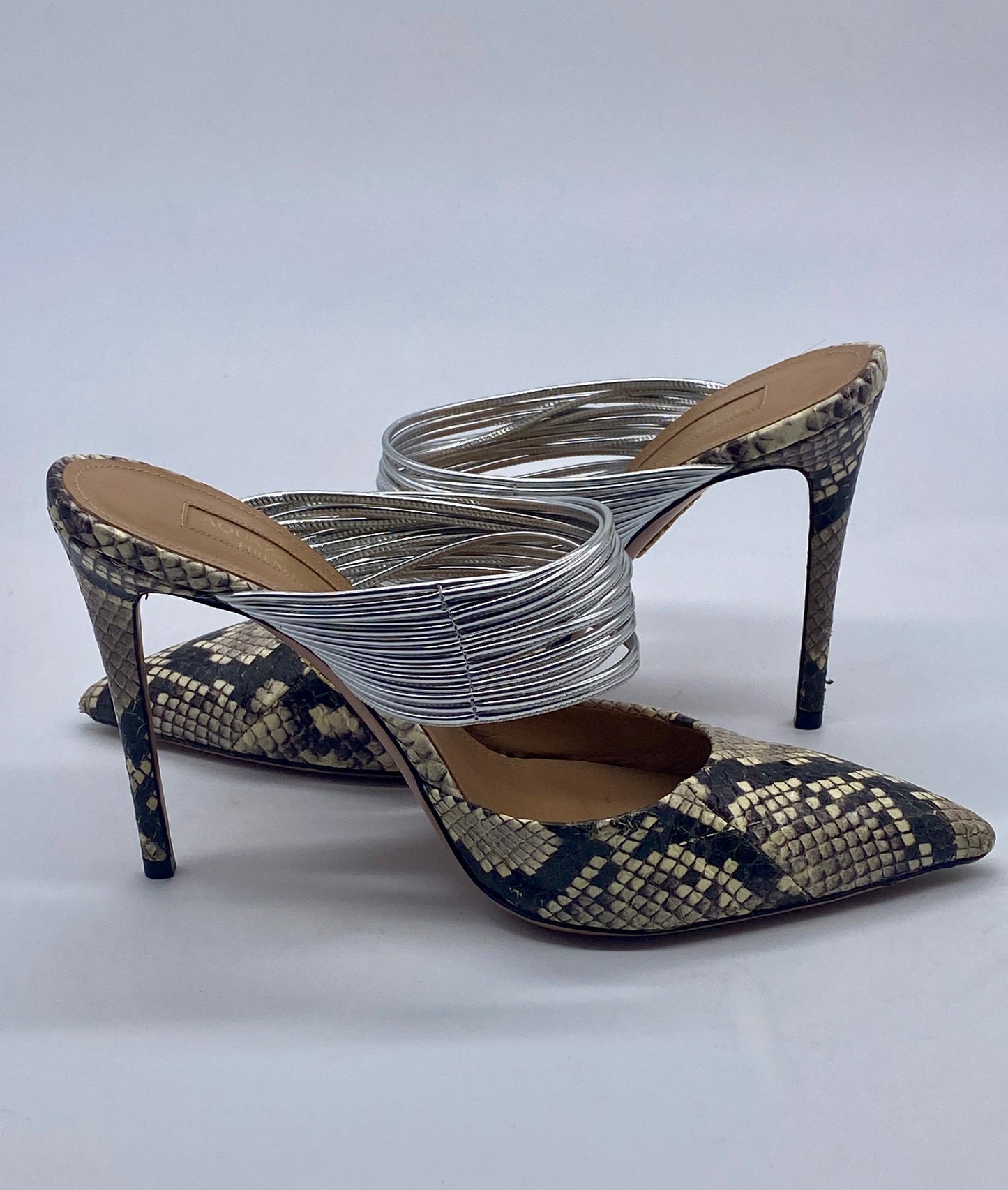 AQUAZZURA RENDEZ VOUS Snakeskin Silver Mule Pump SIZE 7 1/2