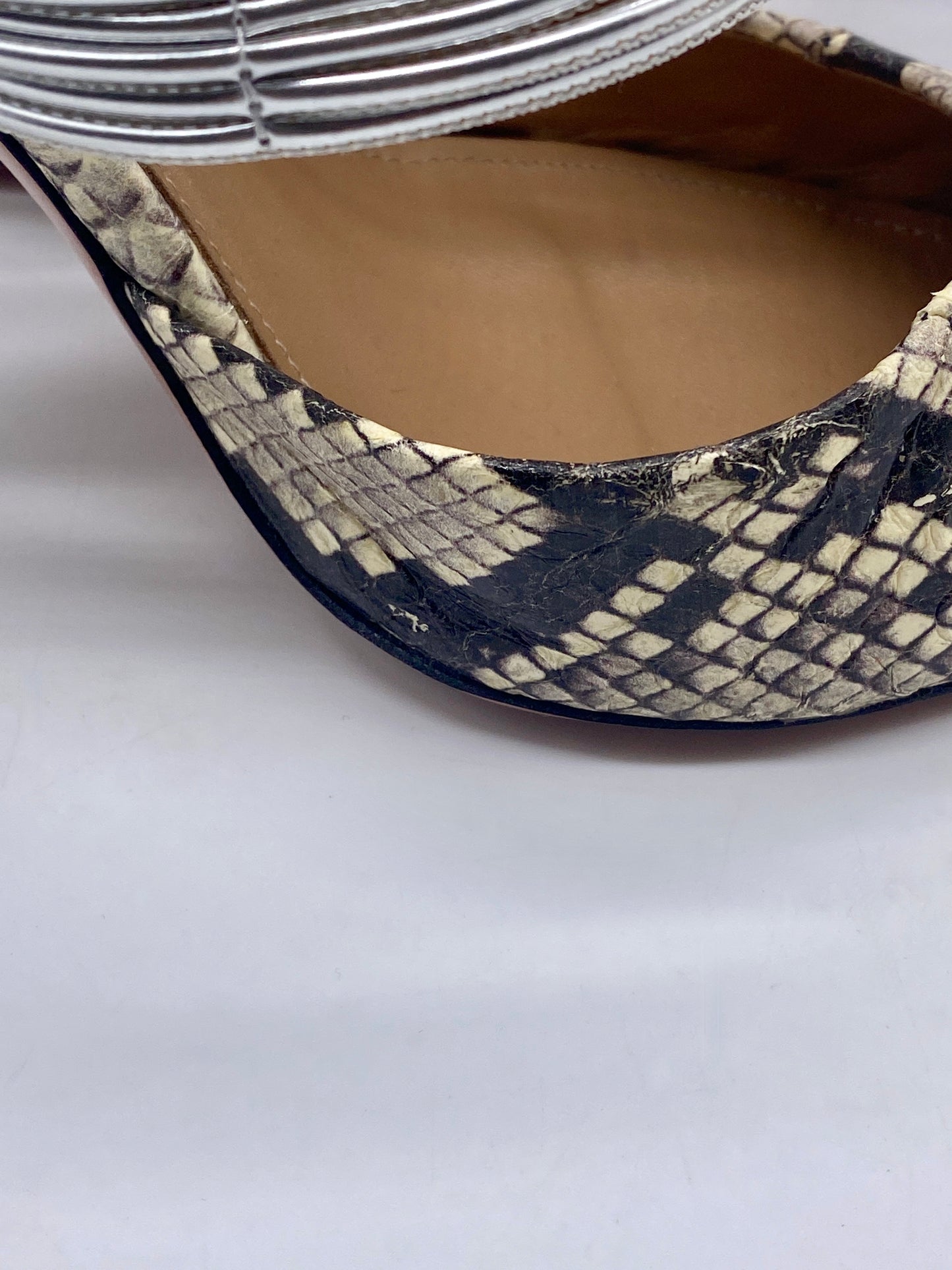 AQUAZZURA RENDEZ VOUS Snakeskin Silver Mule Pump SIZE 7 1/2