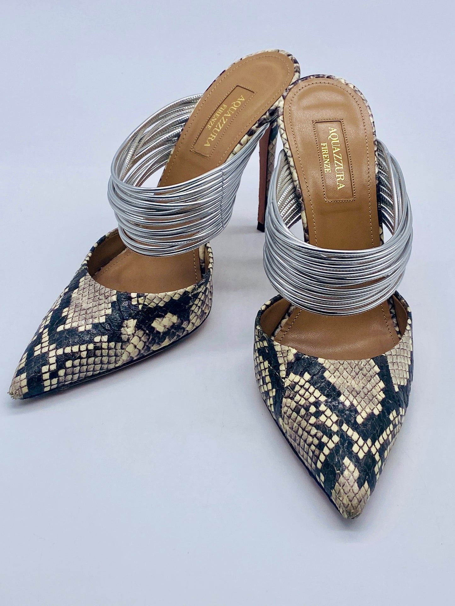 AQUAZZURA RENDEZ VOUS Snakeskin Silver Mule Pump SIZE 7 1/2