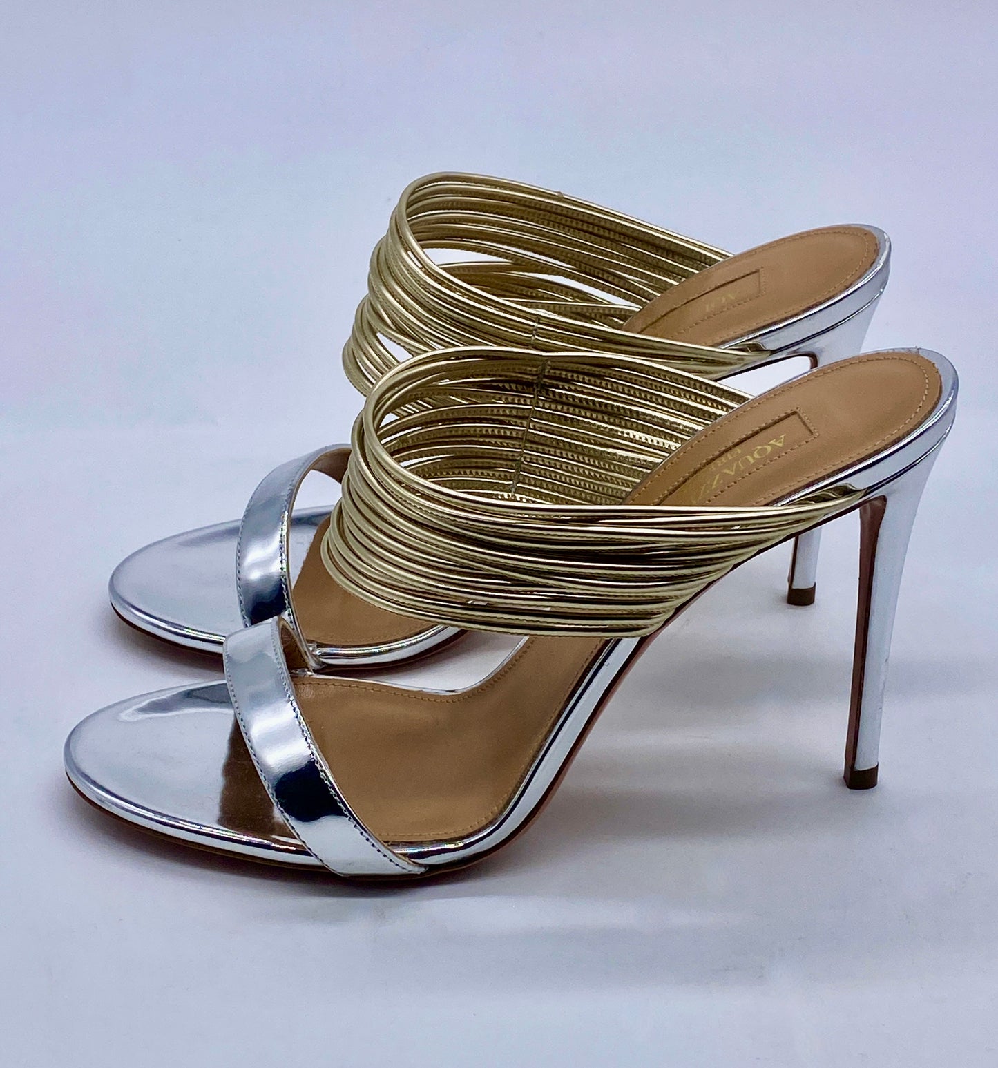 AQUAZZURA Silver & Gold Leather Sandal | Size 38