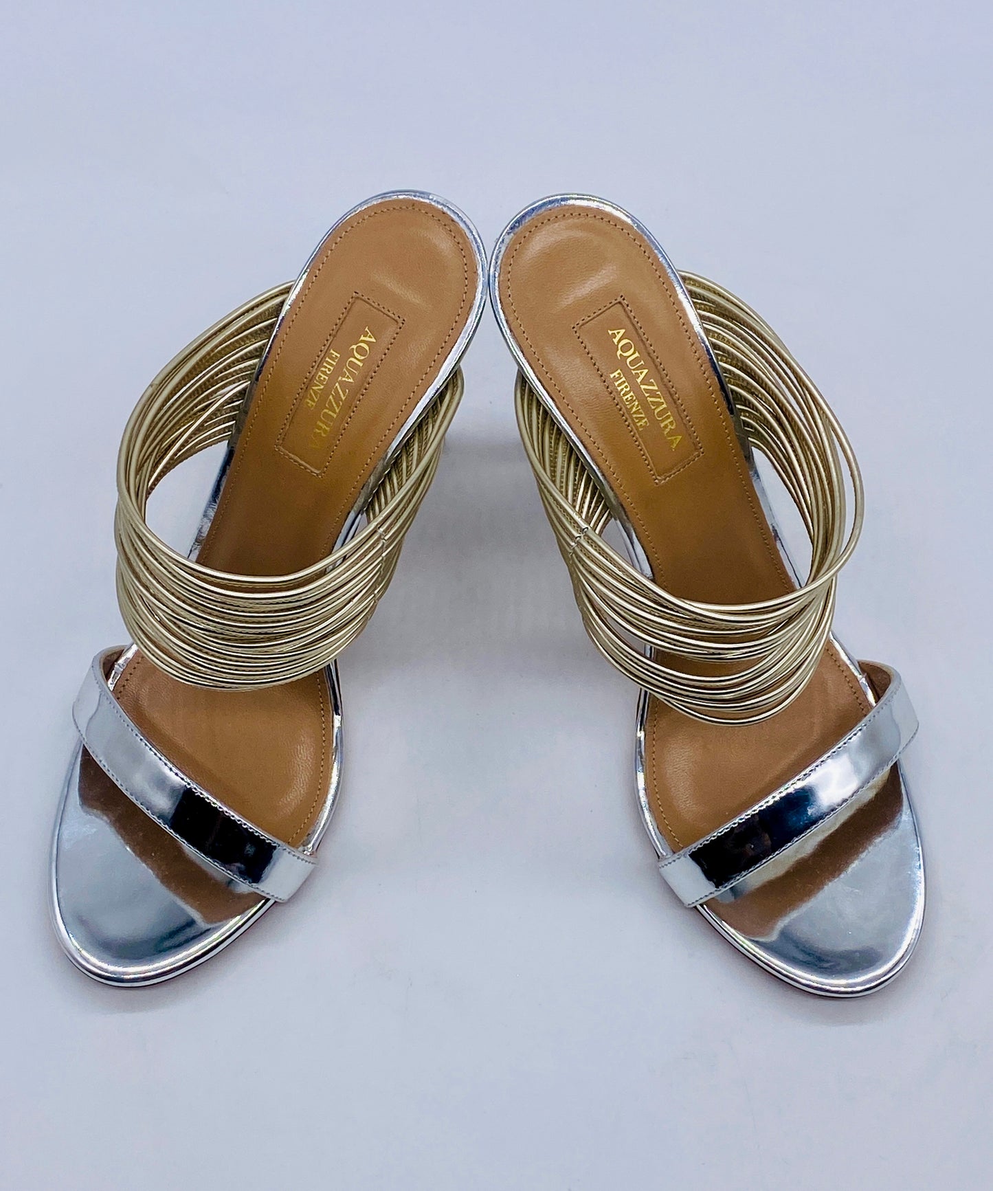 AQUAZZURA Silver & Gold Leather Sandal | Size 38