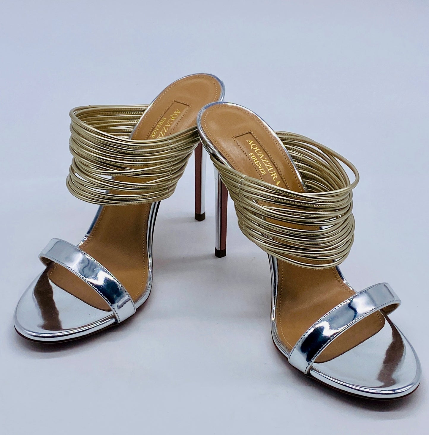 AQUAZZURA Silver & Gold Leather Sandal | Size 38