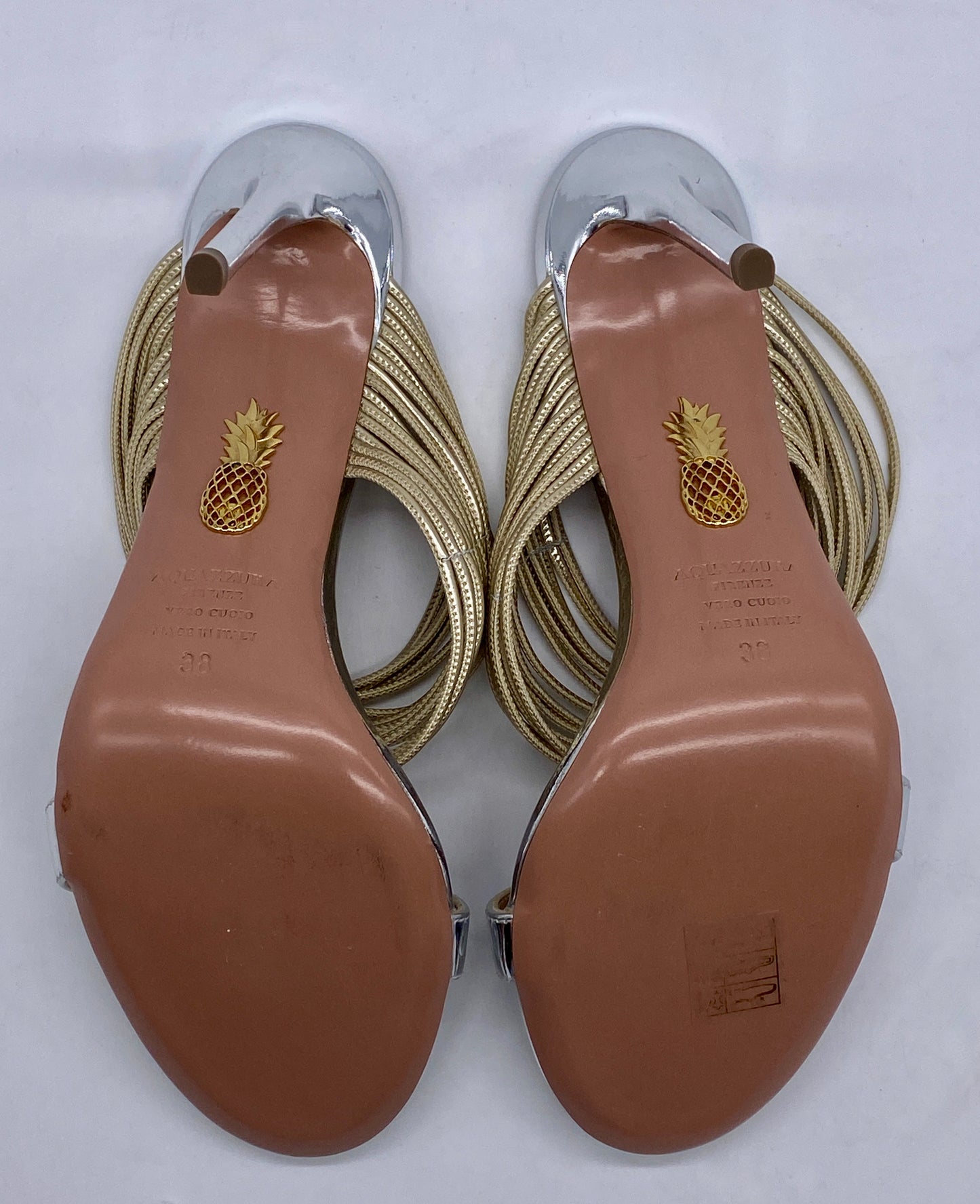 AQUAZZURA Silver & Gold Leather Sandal | Size 38