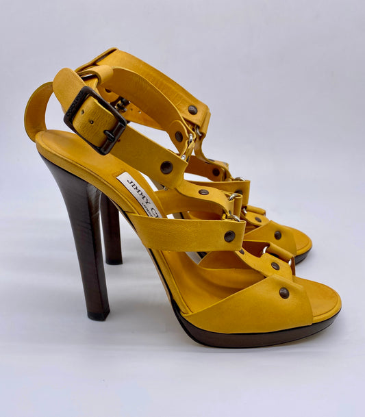JIMMY CHOO Yellow & Brown Strappy Studded Pump | Size 38 1/2