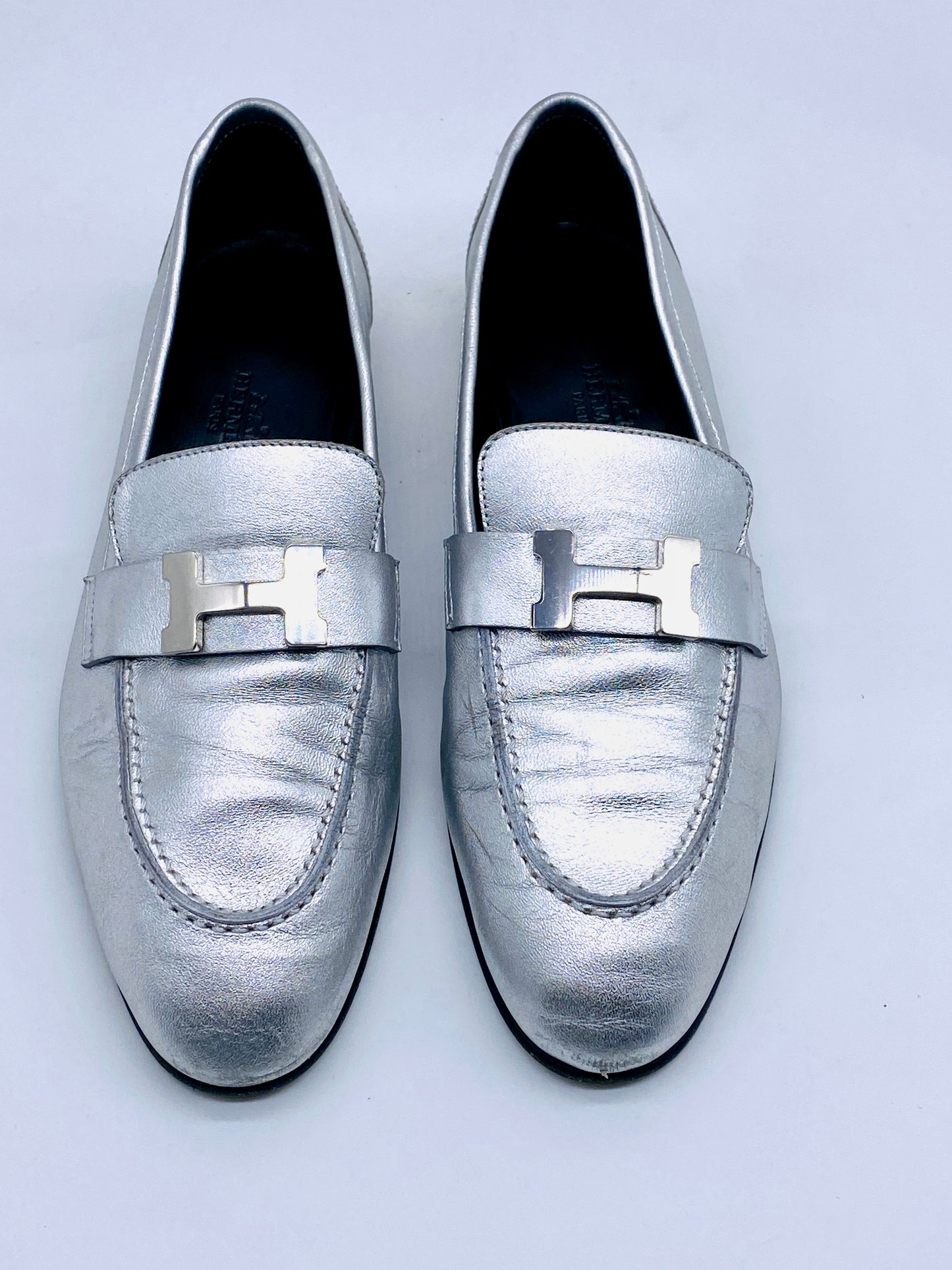 HERMES Silver Leather Paris H Logo Loafers | Size 38