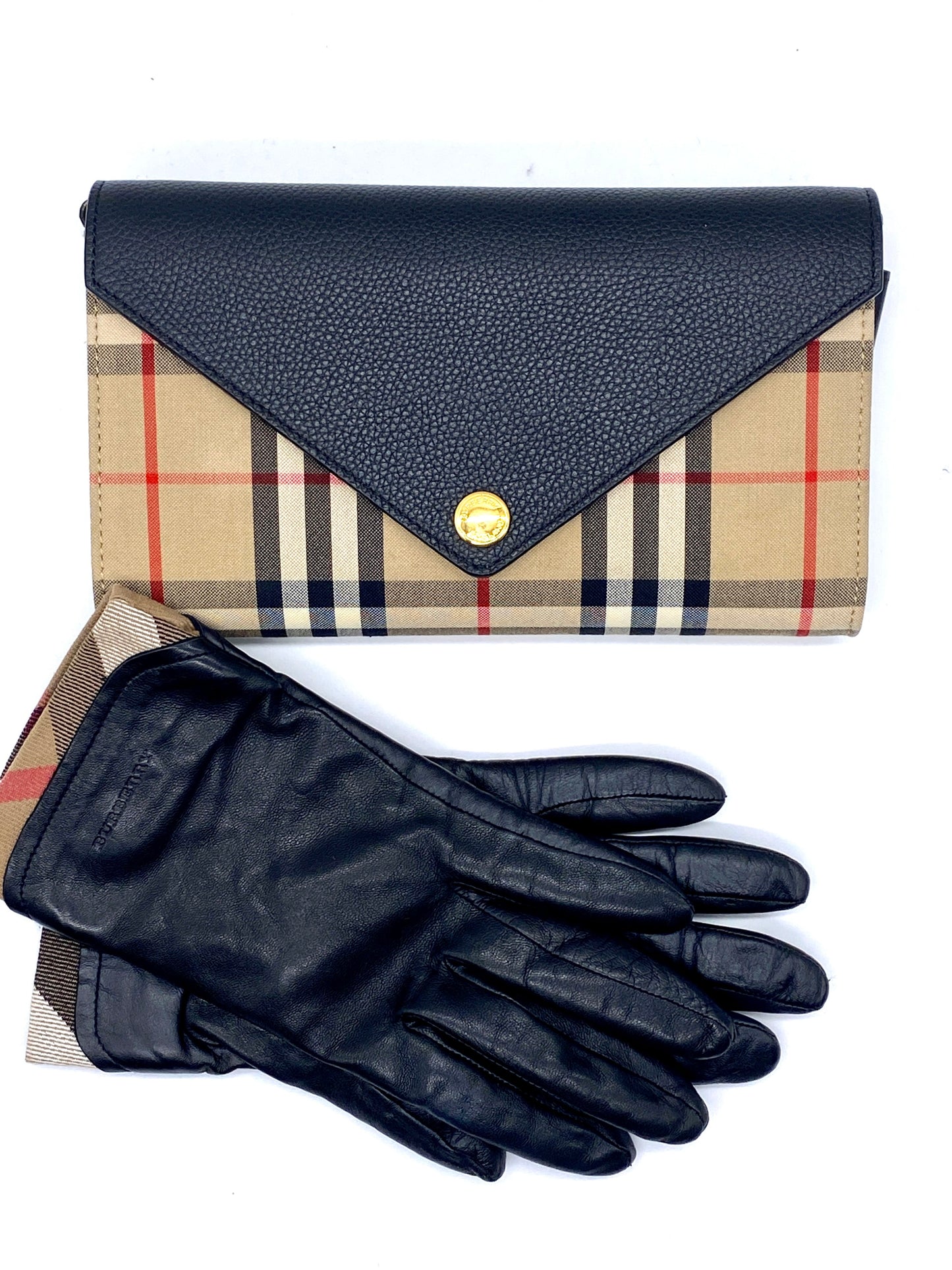 BURBERRY Leather Nova Check Trim Black Gloves