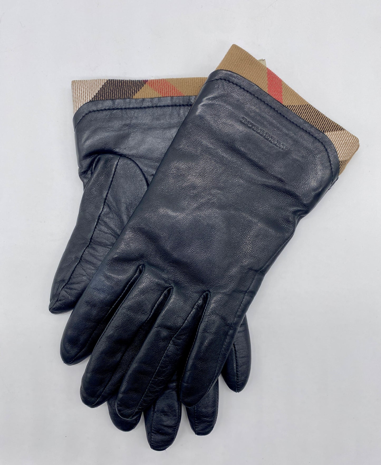 BURBERRY Leather Nova Check Trim Black Gloves