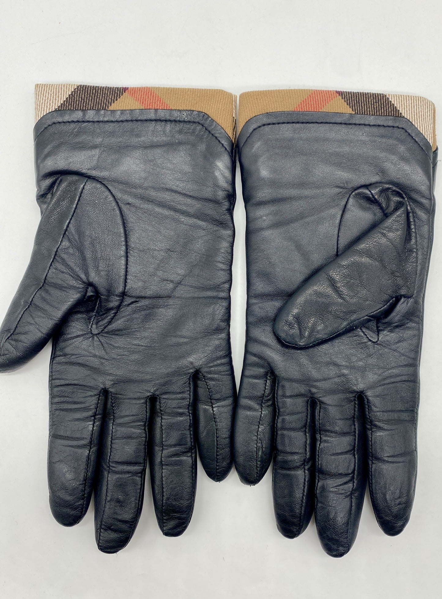 BURBERRY Leather Nova Check Trim Black Gloves