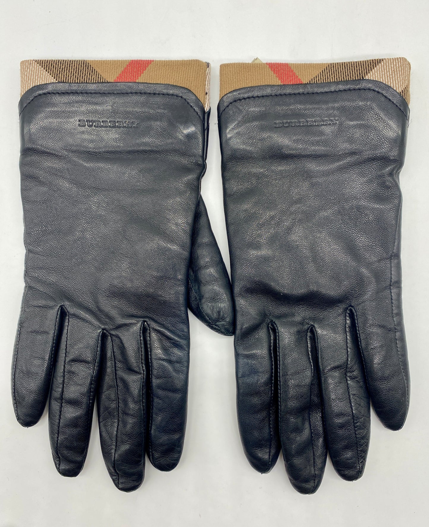 BURBERRY Leather Nova Check Trim Black Gloves