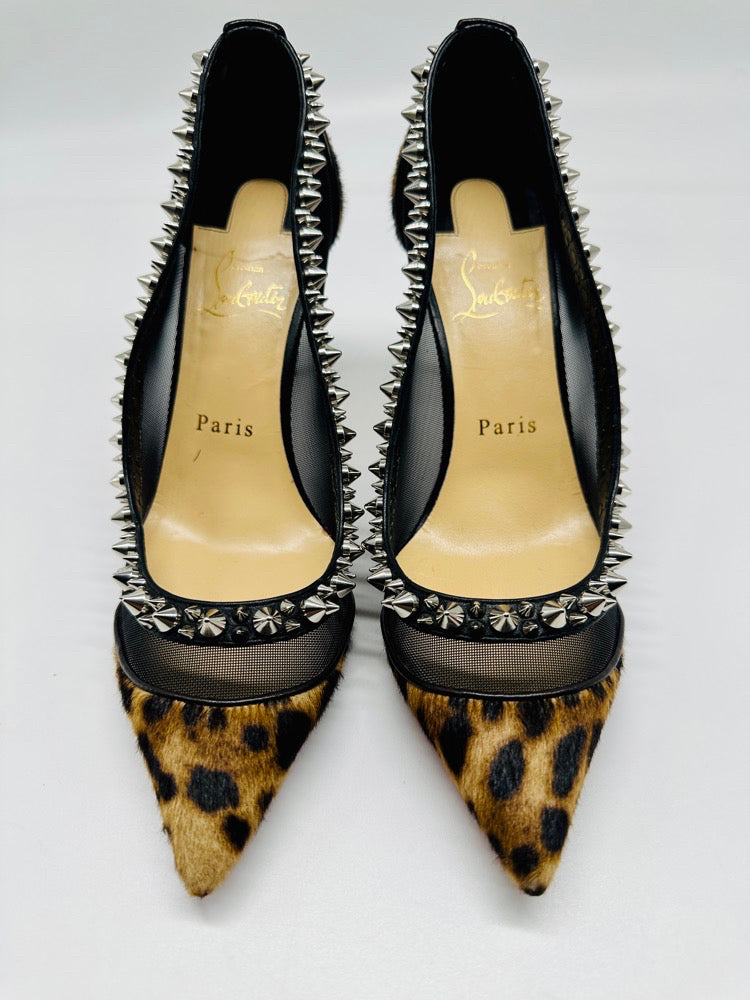 Christian Louboutin Black Mesh And Pony Hair Leopard Print Wth Spikes Kitten Heel Pump