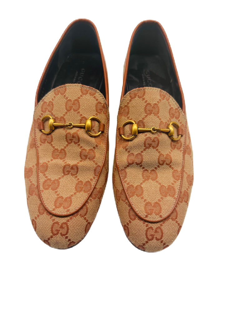 GUCCI Brown/Camel Canvas Logo Loafers 38