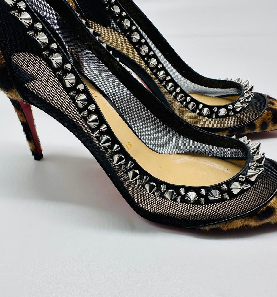 Christian Louboutin Black Mesh And Pony Hair Leopard Print Wth Spikes Kitten Heel Pump