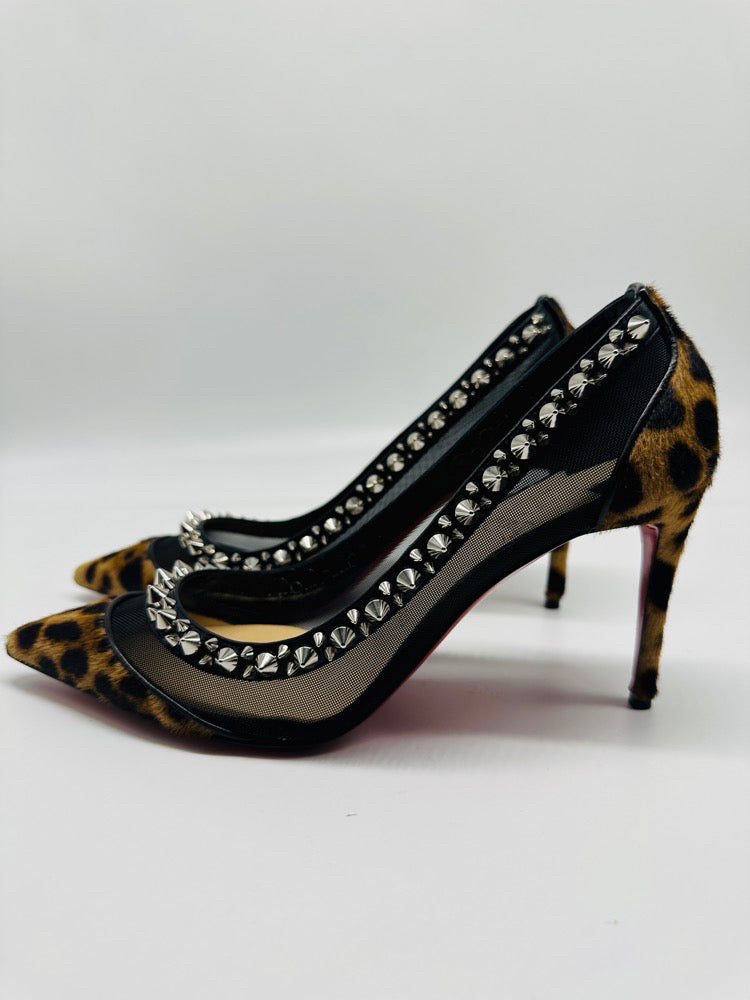 Christian Louboutin Black Mesh And Pony Hair Leopard Print Wth Spikes Kitten Heel Pump