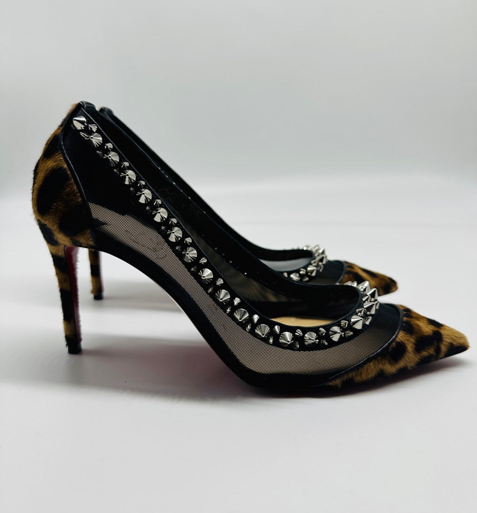 Christian Louboutin Black Mesh And Pony Hair Leopard Print Wth Spikes Kitten Heel Pump