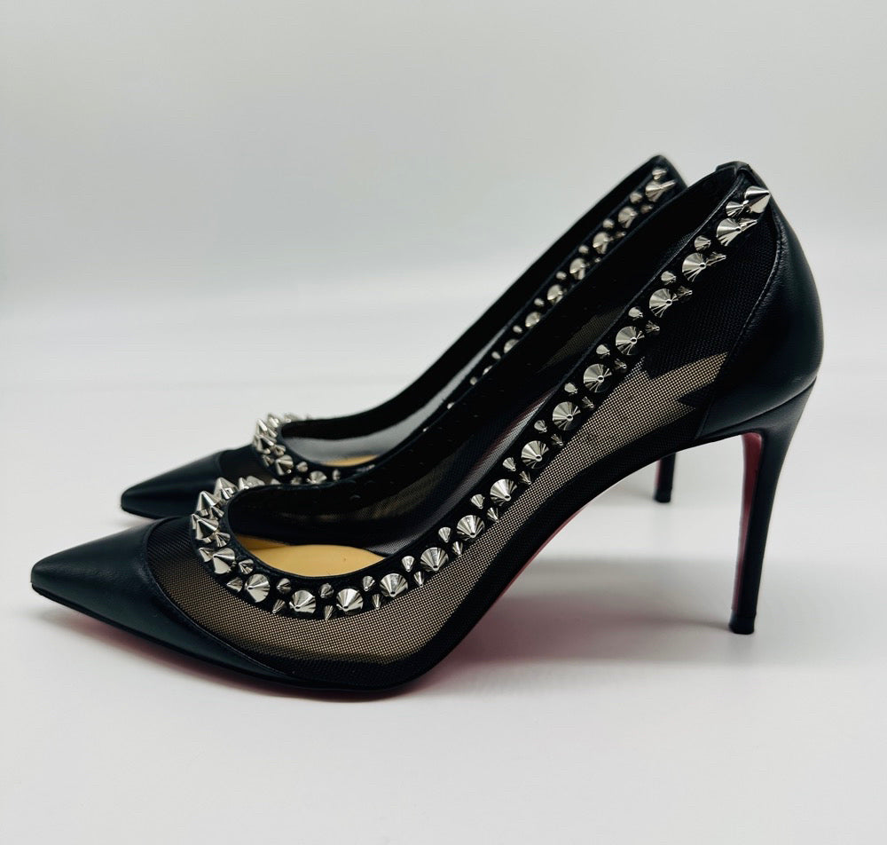 CHRISTIAN LOUBOUTIN  "Galativi" 85 High Heeled Mesh Pump w/Silver Spikes|