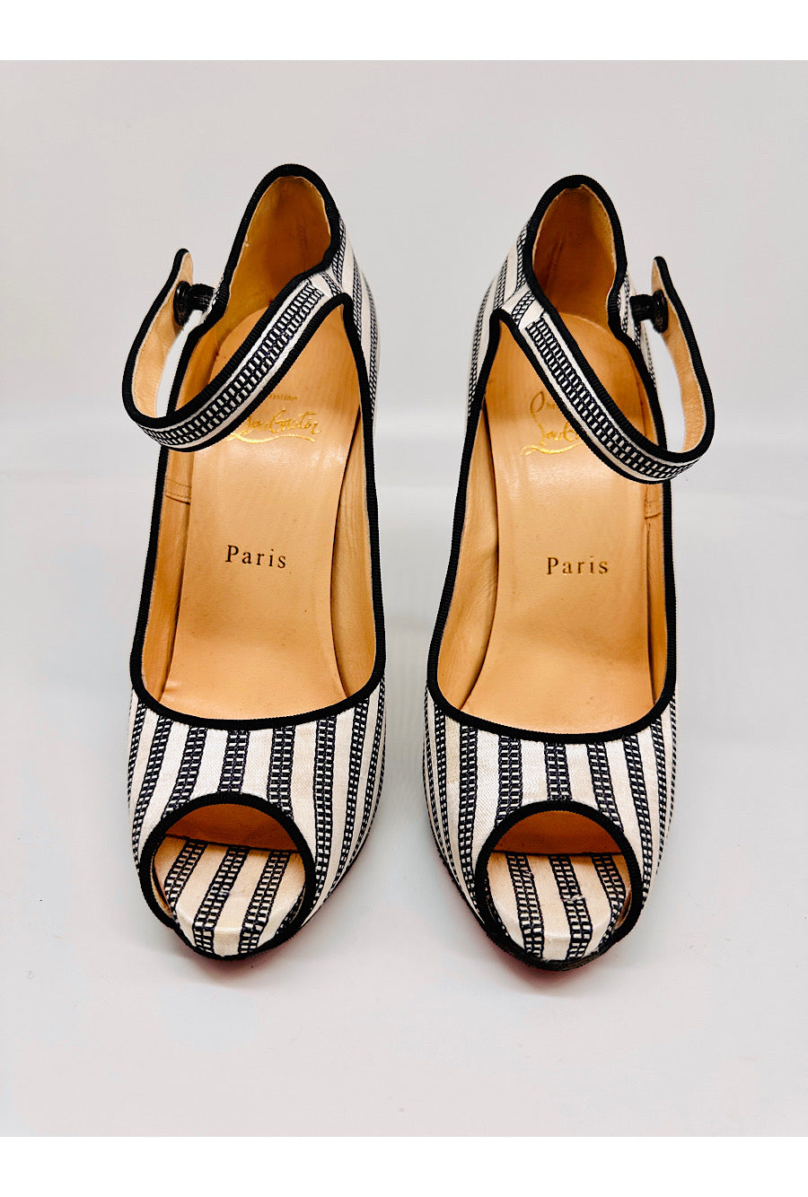 CHRISTIAN LOUBOUTIN Black White Stripe Mary Jane Peep Toe Pump