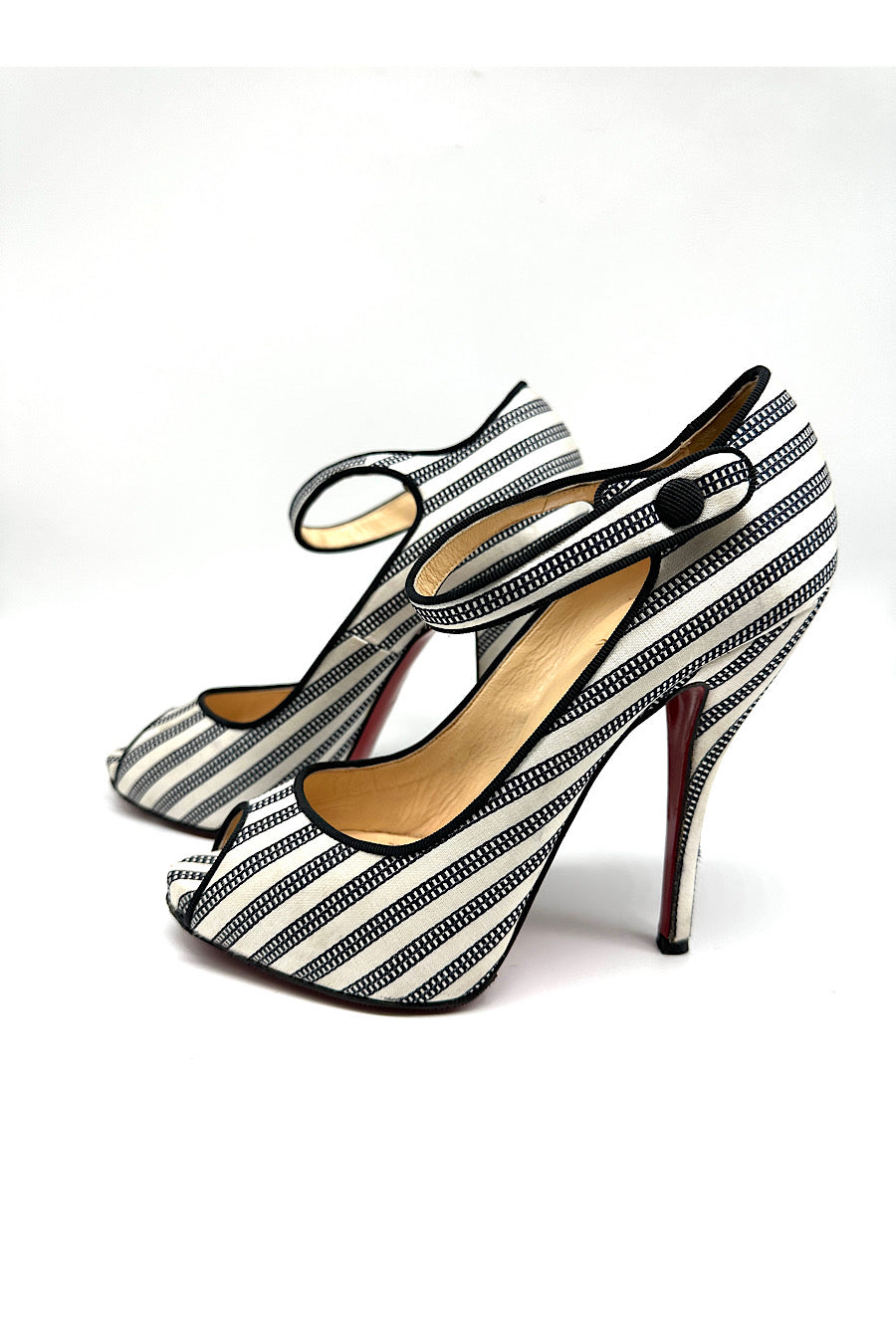 CHRISTIAN LOUBOUTIN Black White Stripe Mary Jane Peep Toe Pump