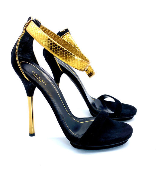 GUCCI Black Suede Leather & Gold Python Ankle Strap Heals | Size 38 1/2