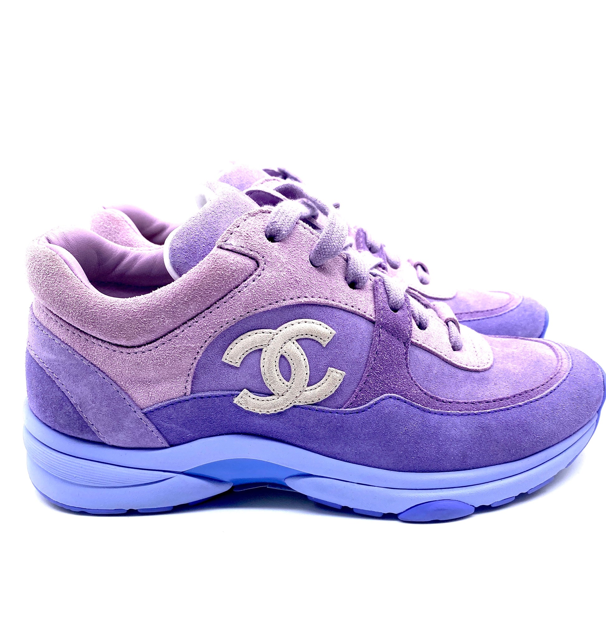 CHANEL Purple Low Top Interlocking CC Suede Sneakers