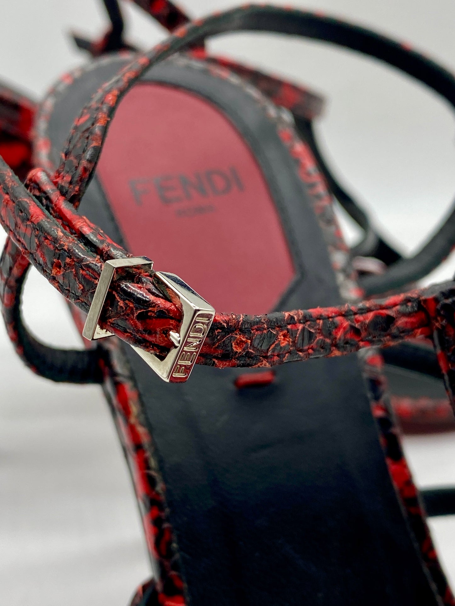 FENDI Red Black Snakeskin Sandal | Size 37 1/2