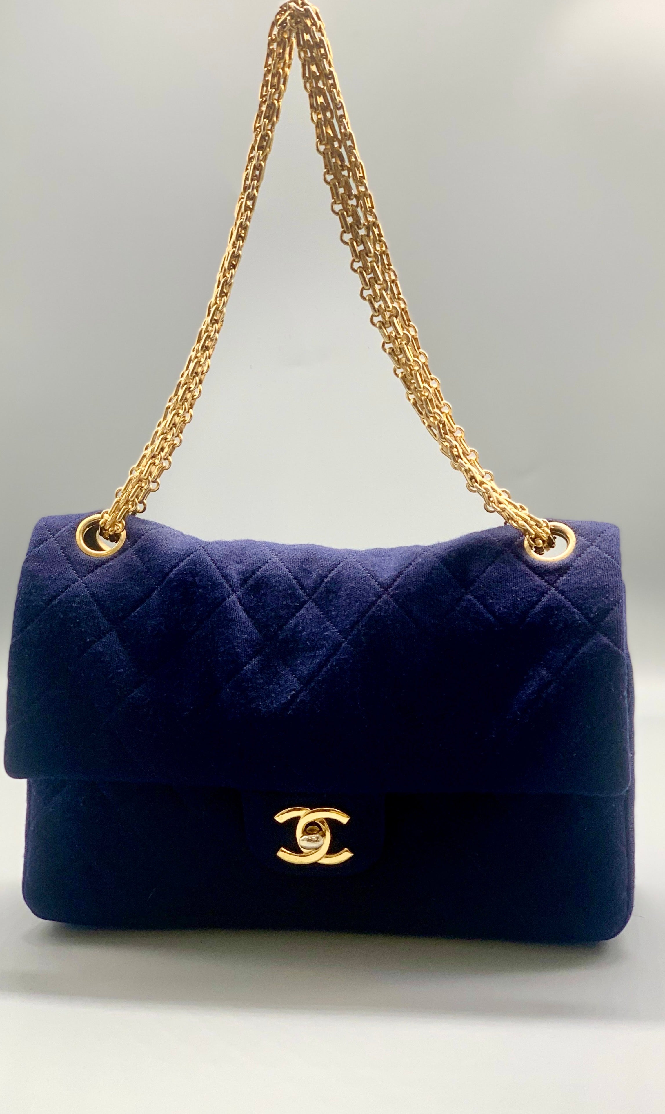 Chanel Timeless shoulder bag in navy blue quilted jersey with gold hardware  at 1stDibs