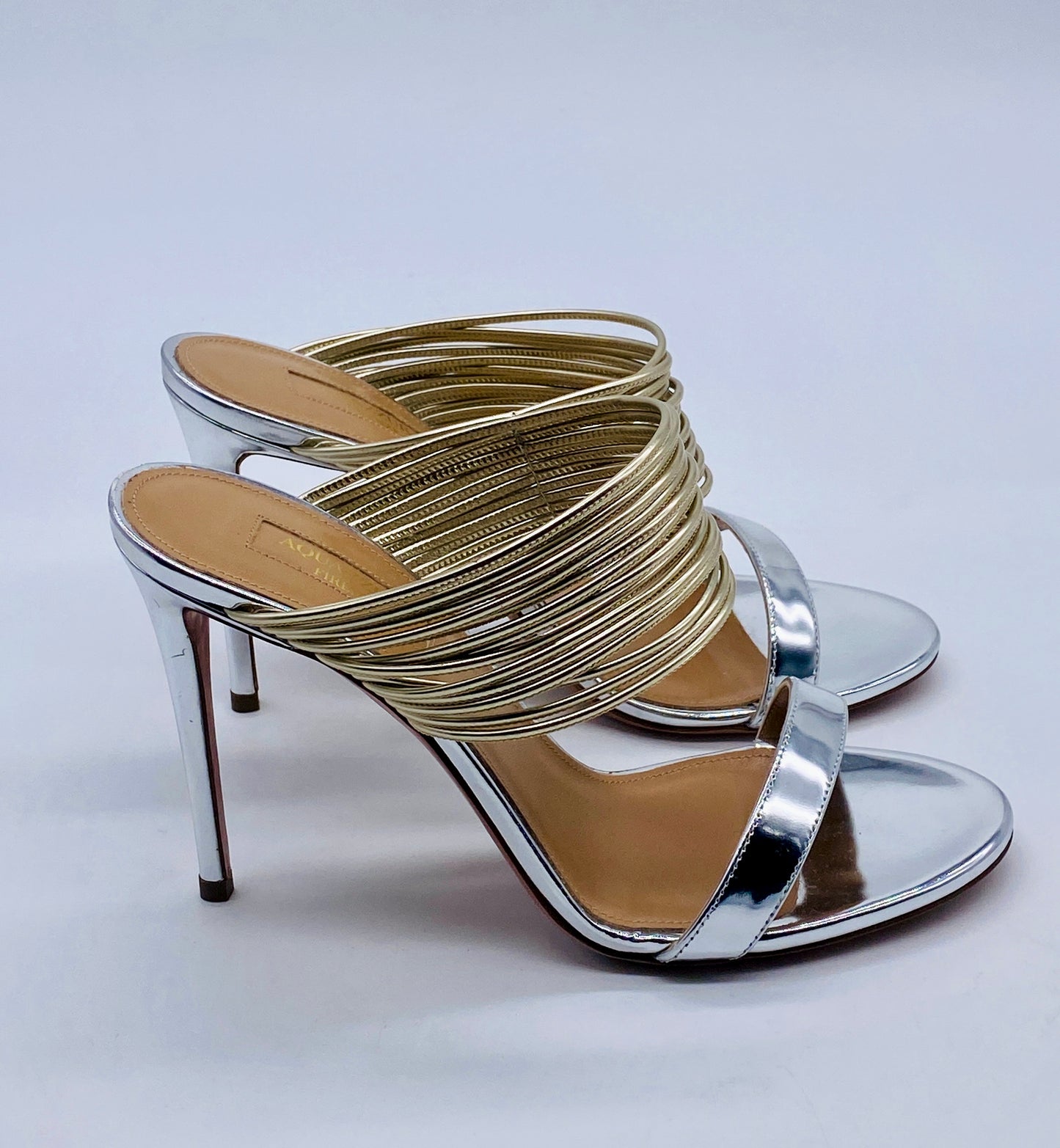 AQUAZZURA Silver & Gold Leather Sandal | Size 38