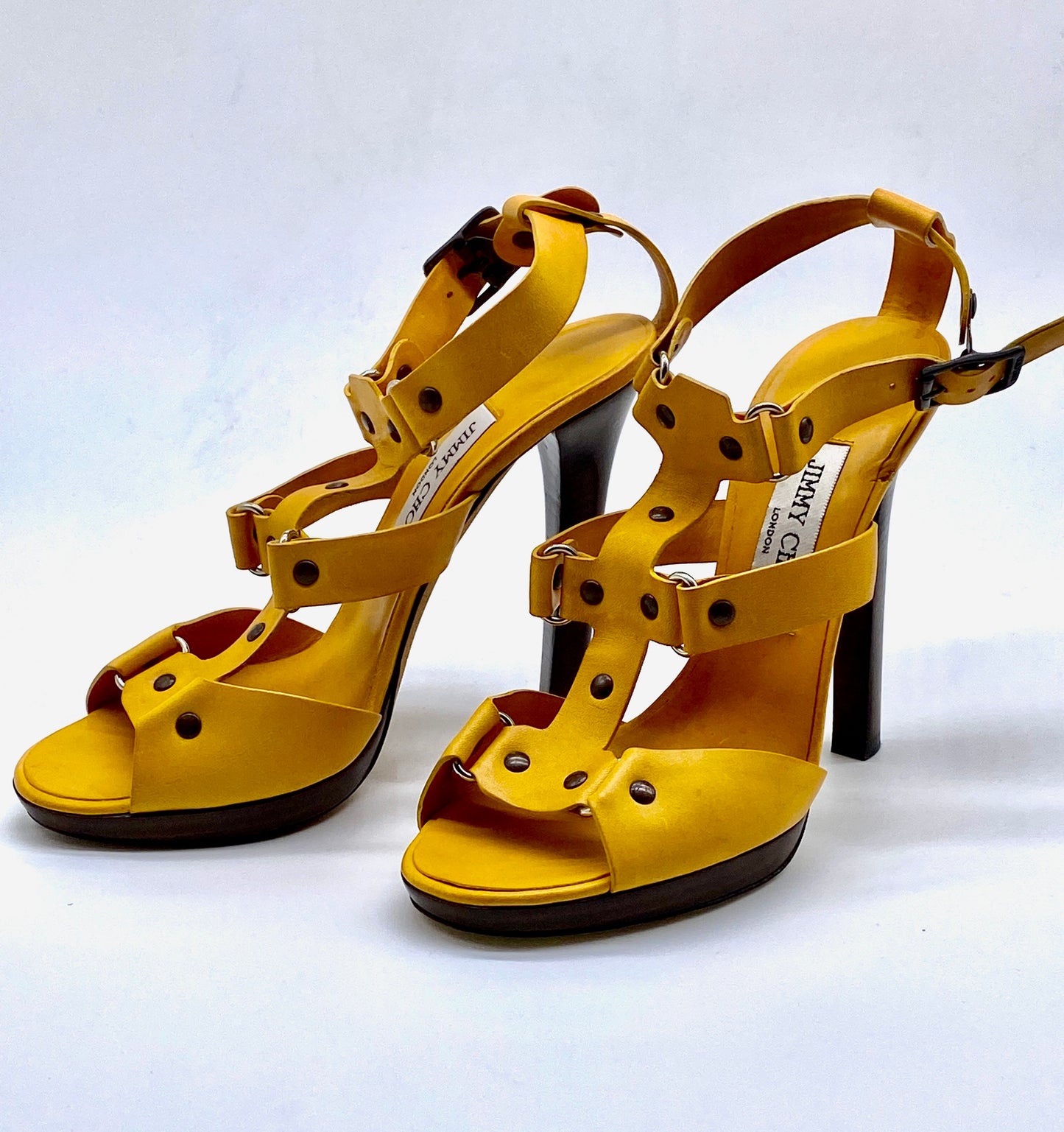 JIMMY CHOO Yellow & Brown Strappy Studded Pump | Size 38 1/2